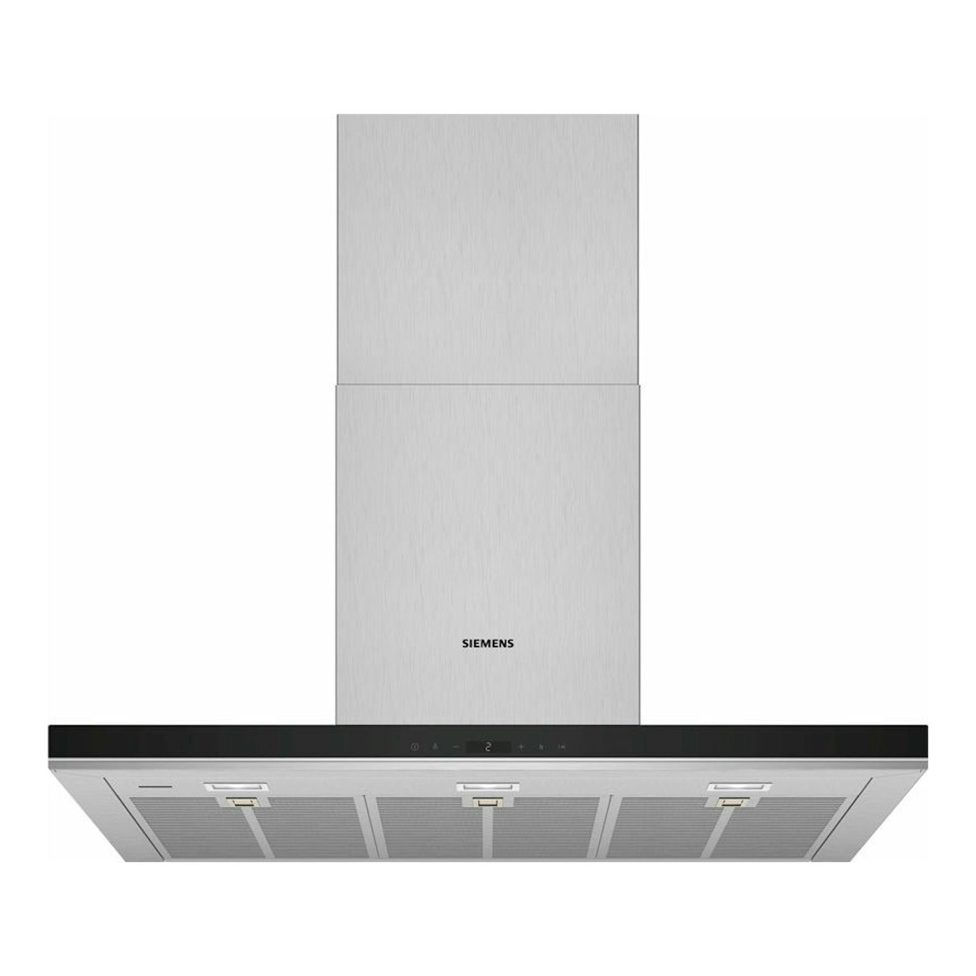 Campana decorativa Siemens LC91BUR50 en acero inoxidable con frontal negro, vista frontal.