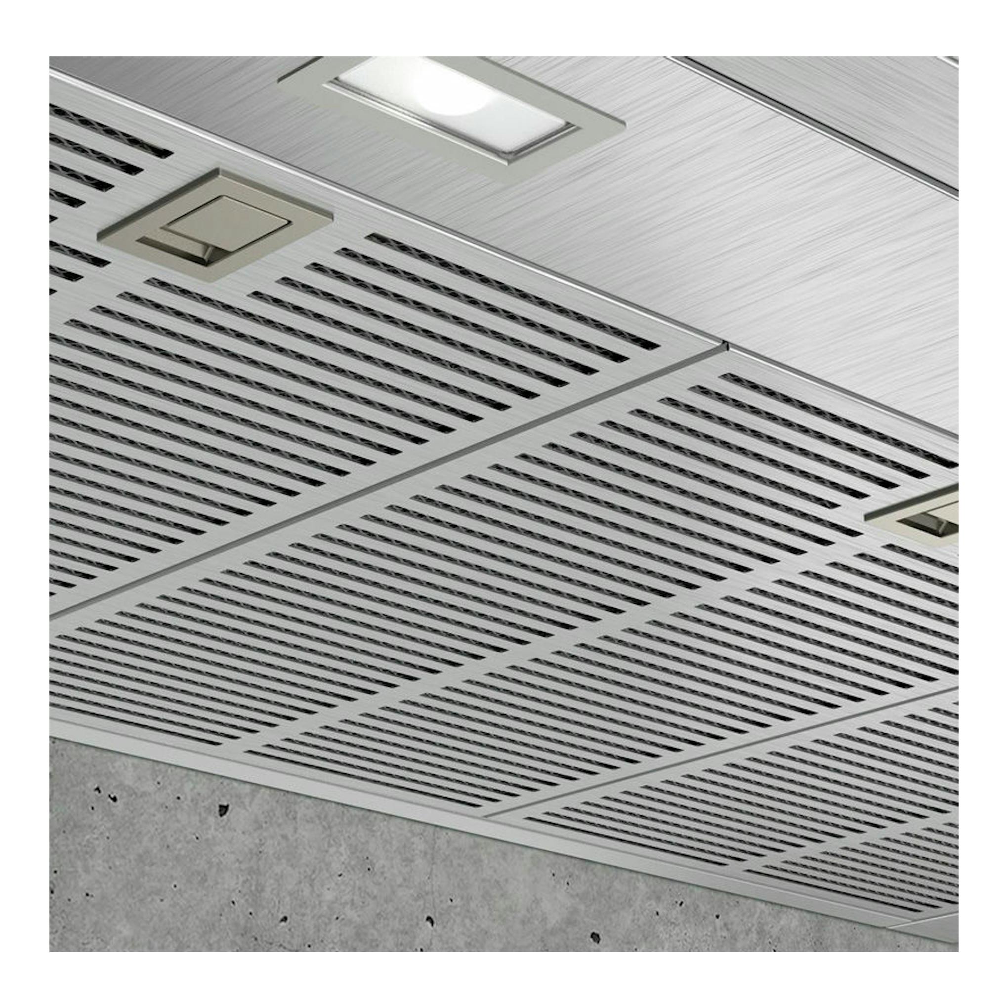 Campana de techo Siemens LC91BUR50, vista inferior, acabado metálico con rejillas y luces empotradas.