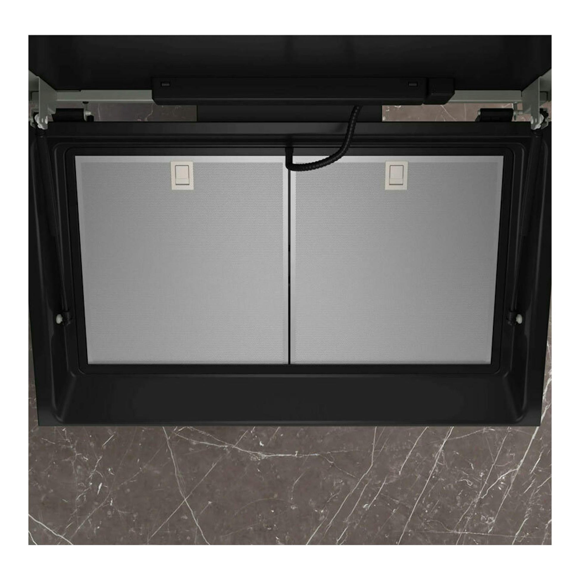 Campana decorativa Siemens LC91KLT60 en cristal negro, vista inferior con dos filtros metálicos.