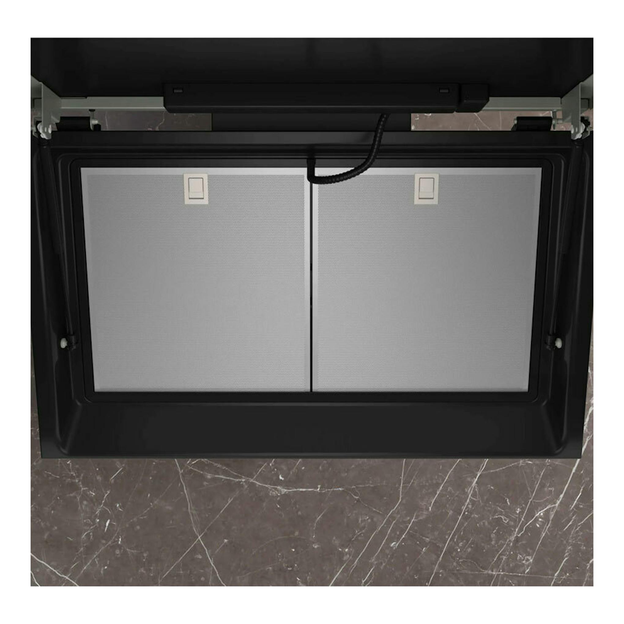Campana decorativa Siemens LC91KLT60 en cristal negro, vista inferior con dos filtros metálicos.