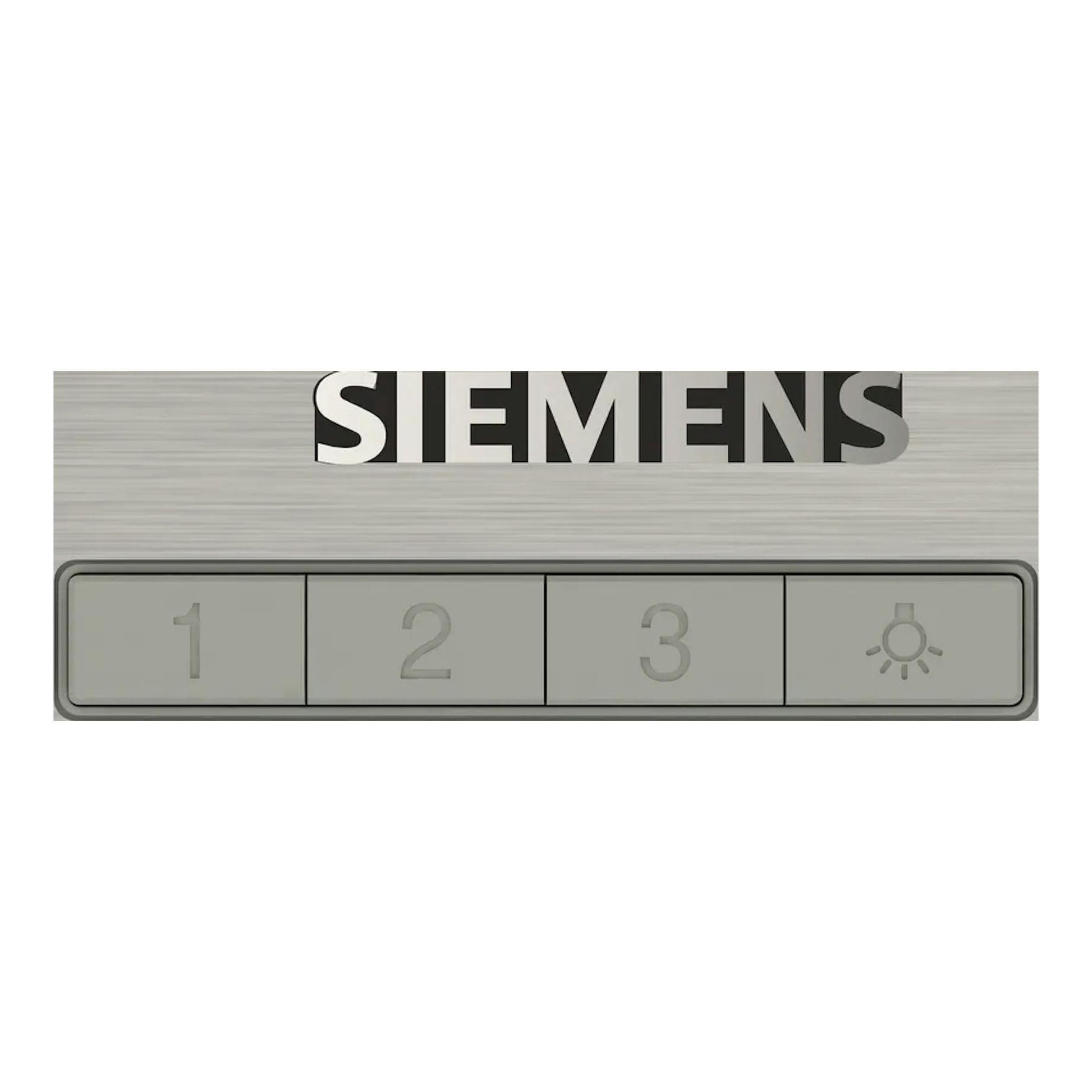 Panel frontal de campana Siemens LC95BCC30 en inox, con logo, botones 1-3 y símbolo de luz.