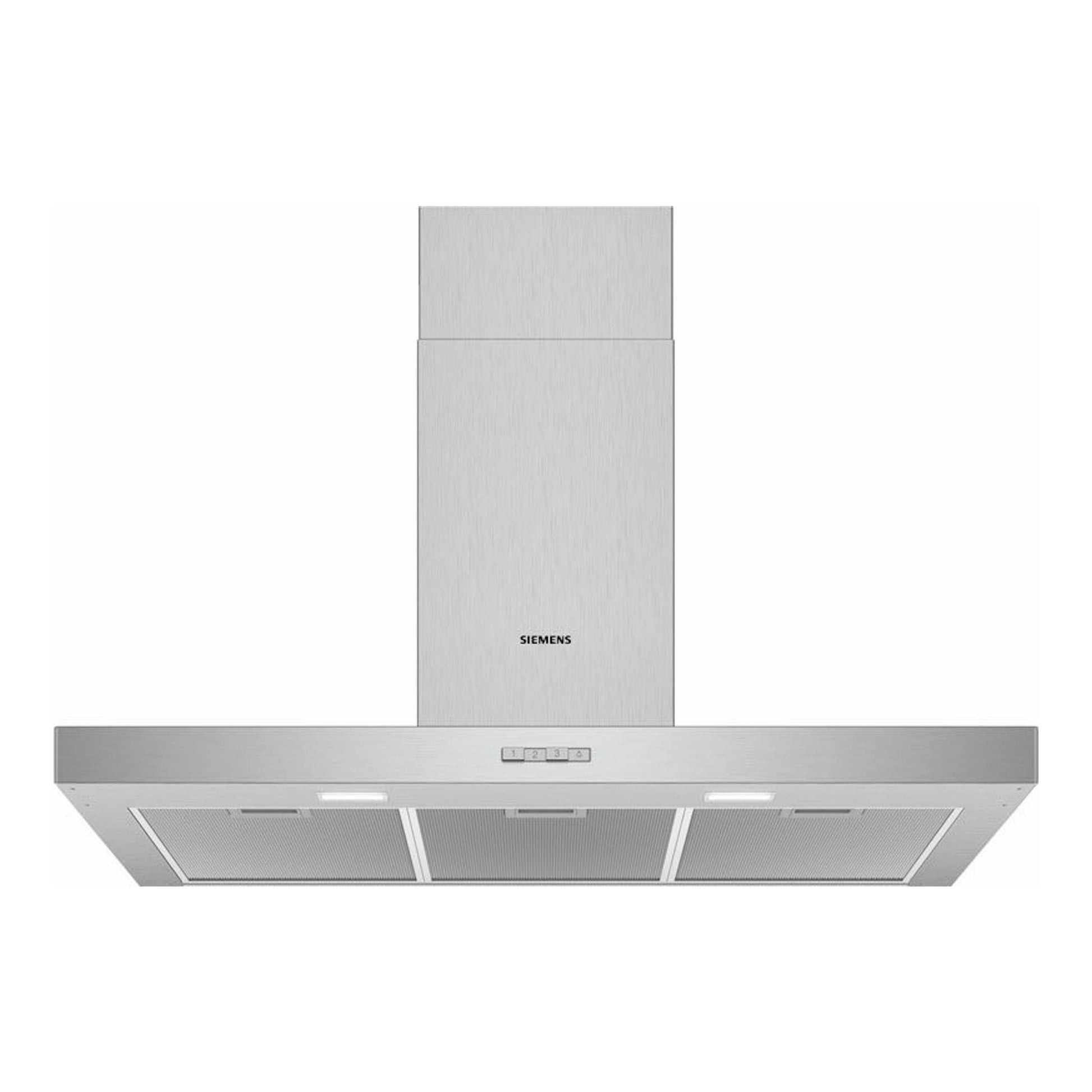 Campana decorativa Siemens LC96BBC50 inox, vista frontal, acabado metálico plateado.