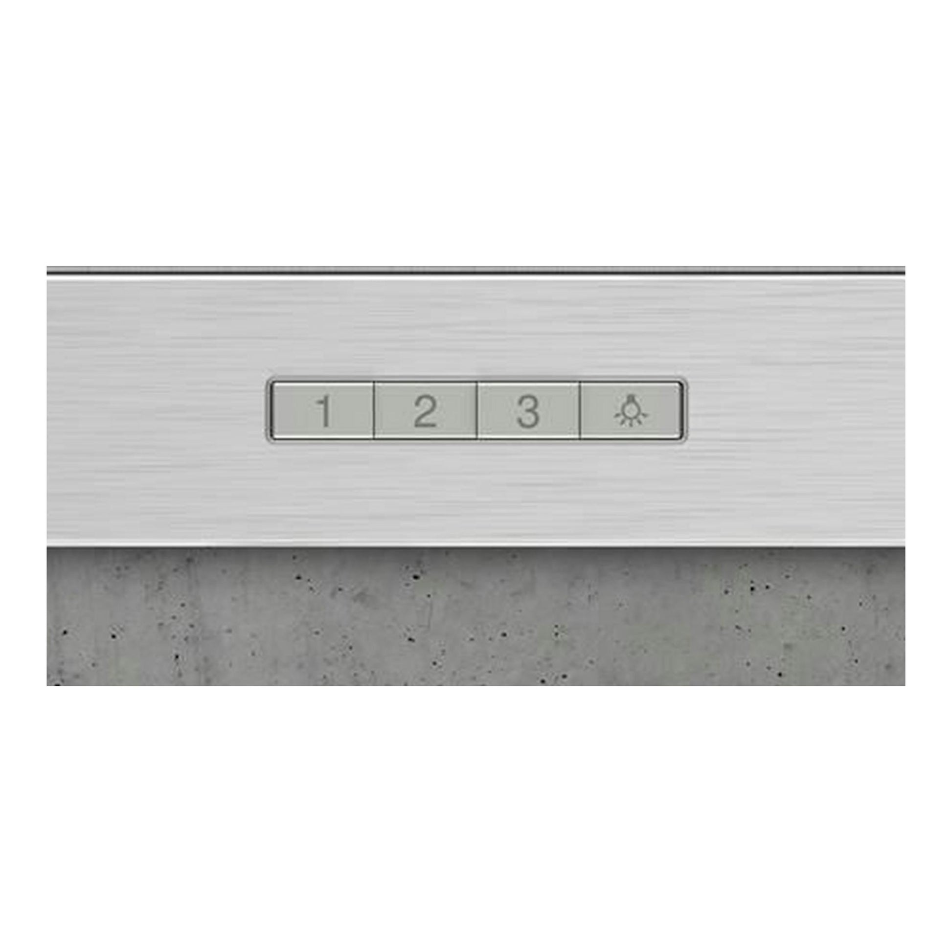 Campana extractora Siemens LC96BBC50 inox, vista frontal parcial del panel con botones 1, 2, 3 y luz.