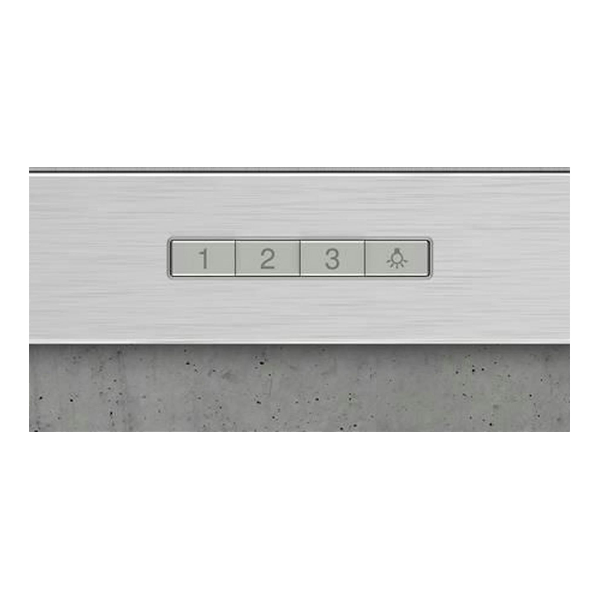 Campana extractora Siemens LC96BBC50 inox, vista frontal parcial del panel con botones 1, 2, 3 y luz.