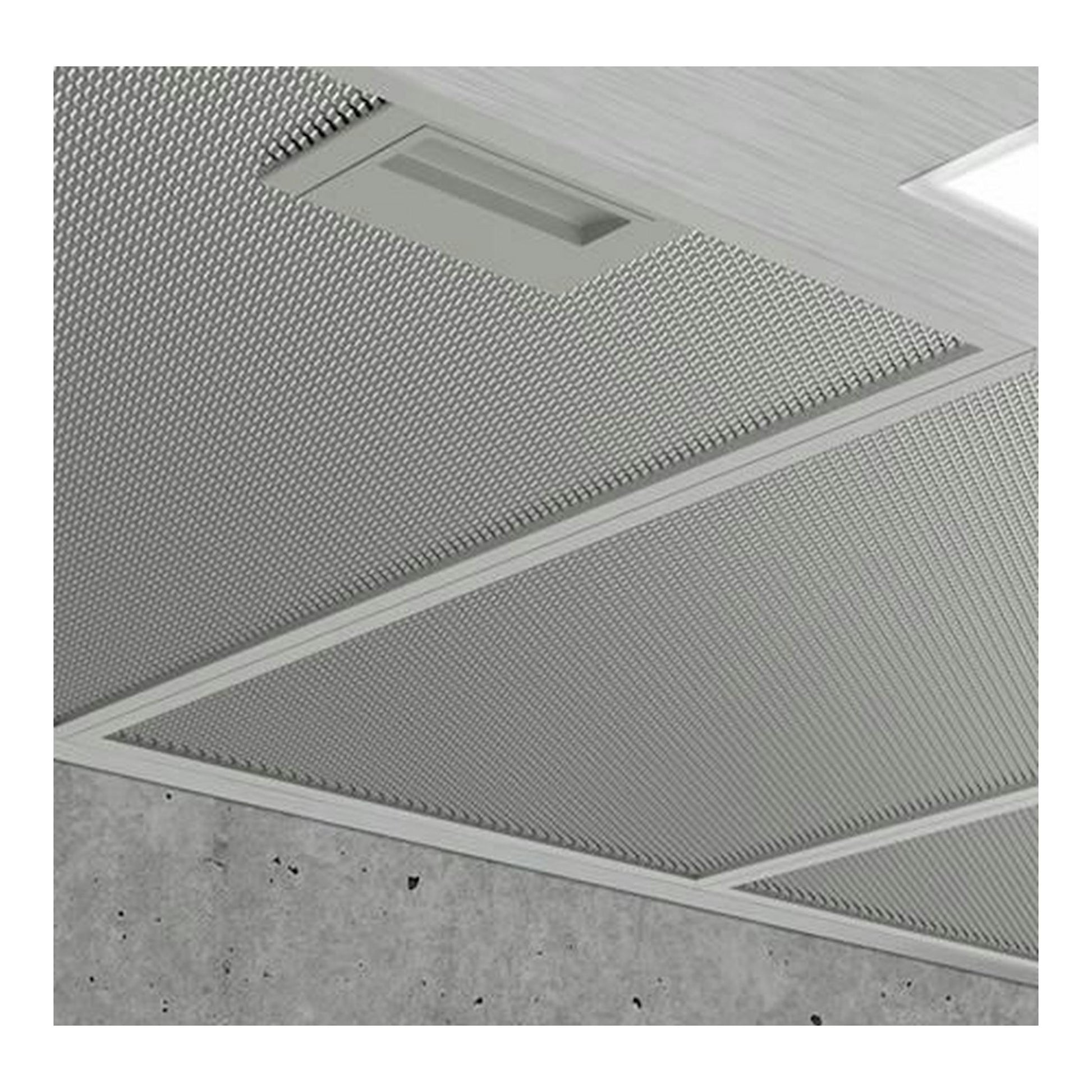 Campana decorativa Siemens LC96BBC50 en inox, vista inferior en ángulo, empotrada en techo.