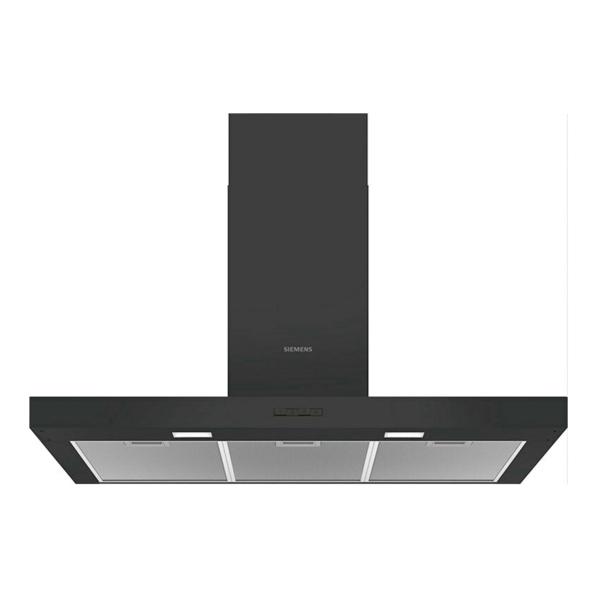 Campana extractora decorativa Siemens LC96BBC60 negra, vista frontal, con panel vertical y filtros metálicos.