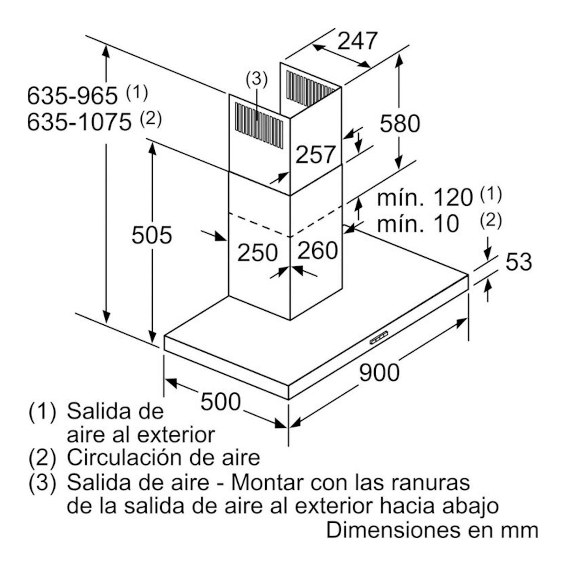 Diagrama técnico de campana decorativa Siemens LC96BBC60 negra, con medidas en mm y vista isométrica.