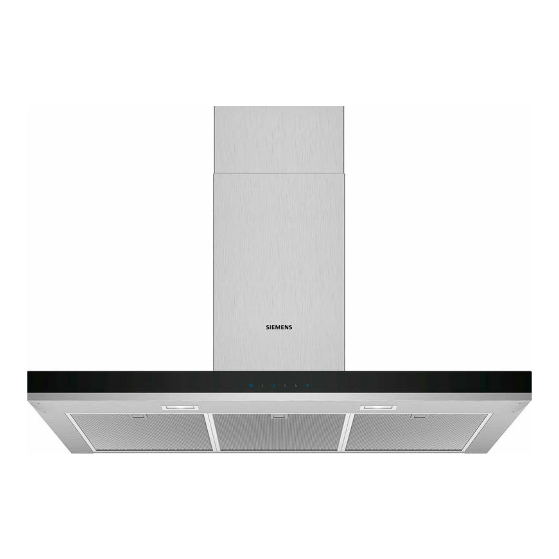 Campana decorativa Siemens LC96BHM50, vista frontal, cuerpo inox con frente negro y filtros metálicos.