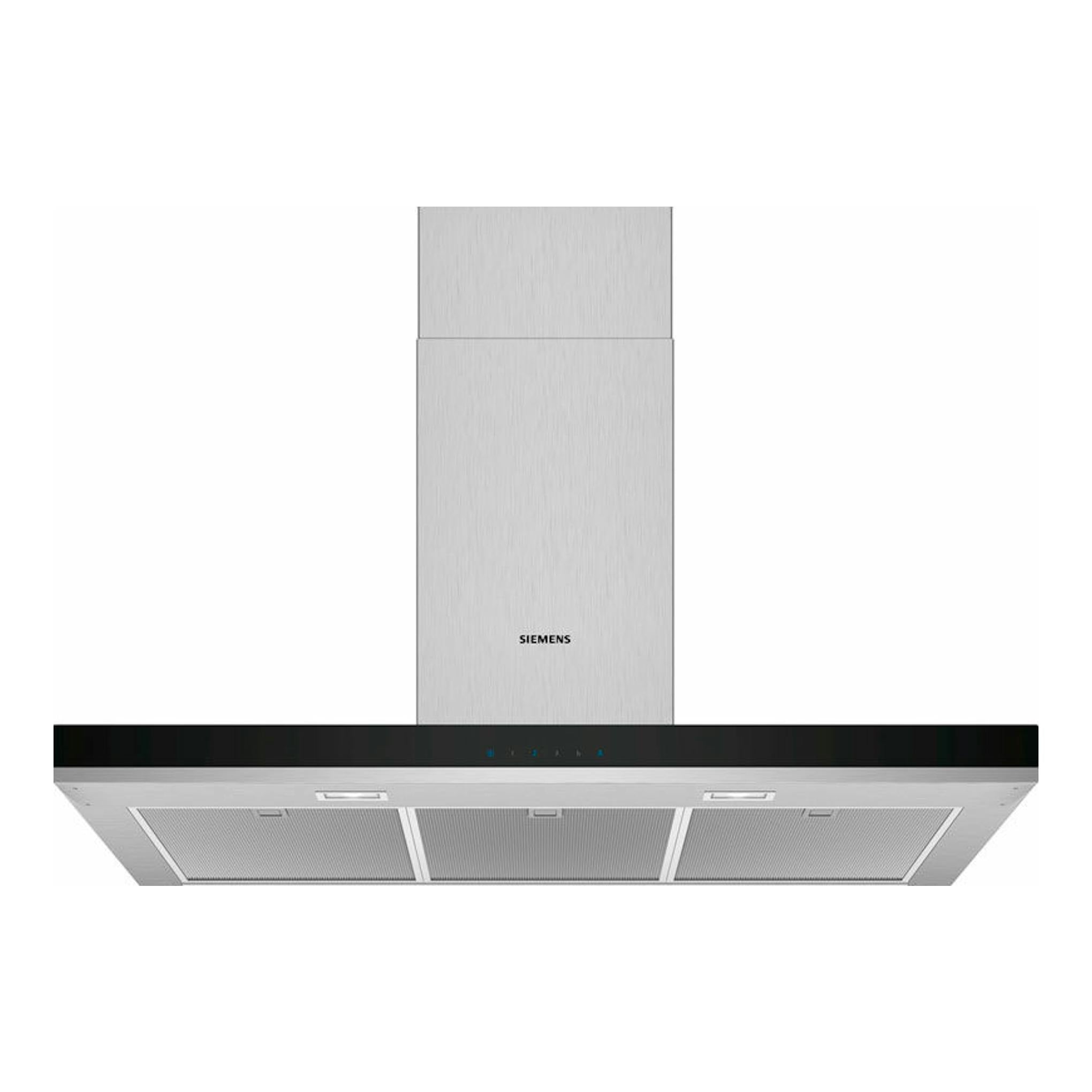 Campana decorativa Siemens LC96BHM50, vista frontal, cuerpo inox con frente negro y filtros metálicos.