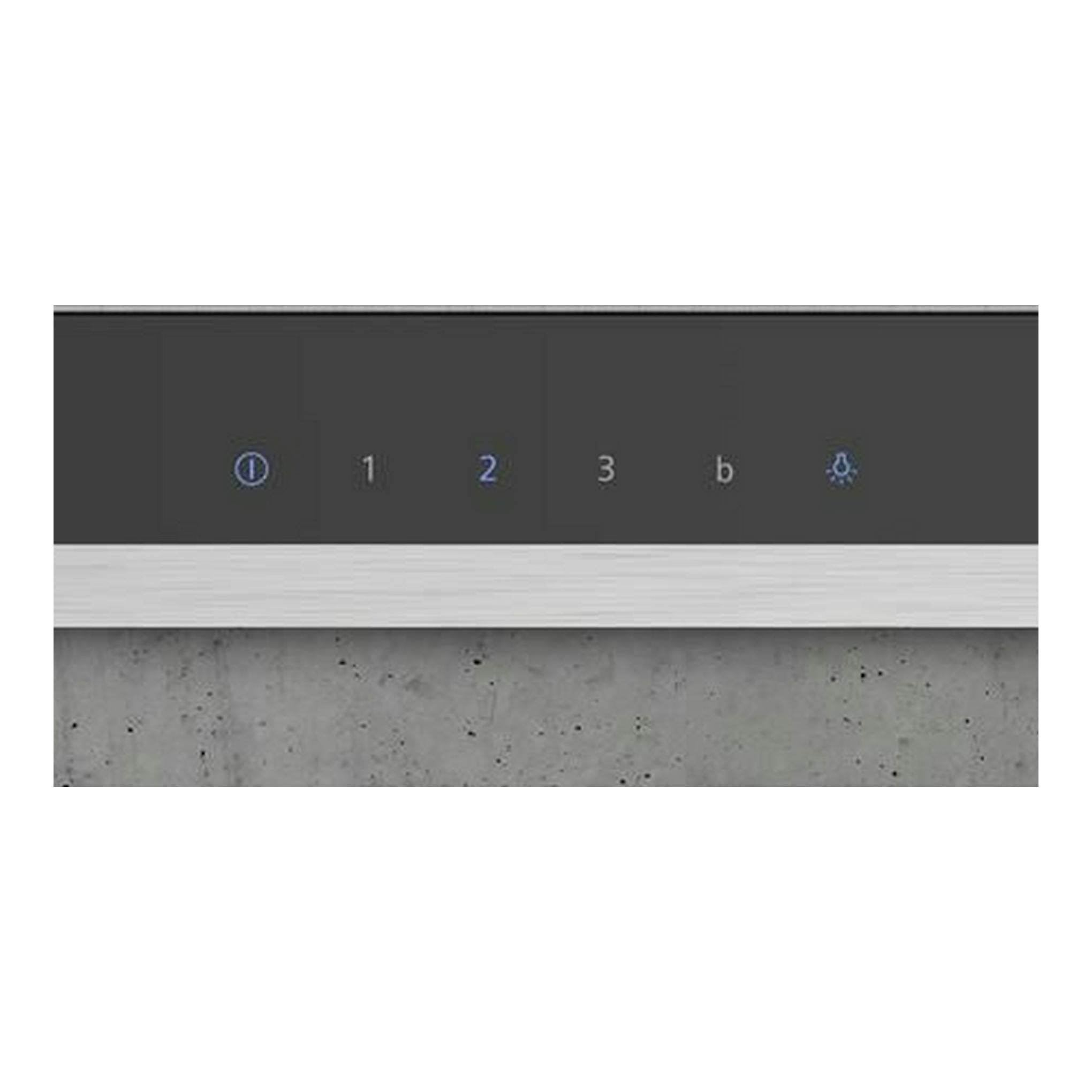 Campana decorativa Siemens LC96BHM50 negra, vista frontal parcial con panel táctil negro y controles iluminados.