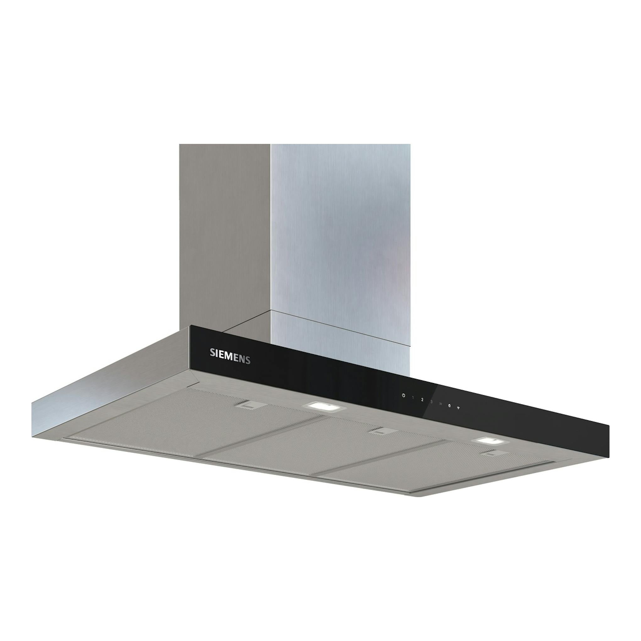 Campana decorativa Siemens LC97BDN30 de inox y negro, vista frontal inclinada con parte inferior visible.