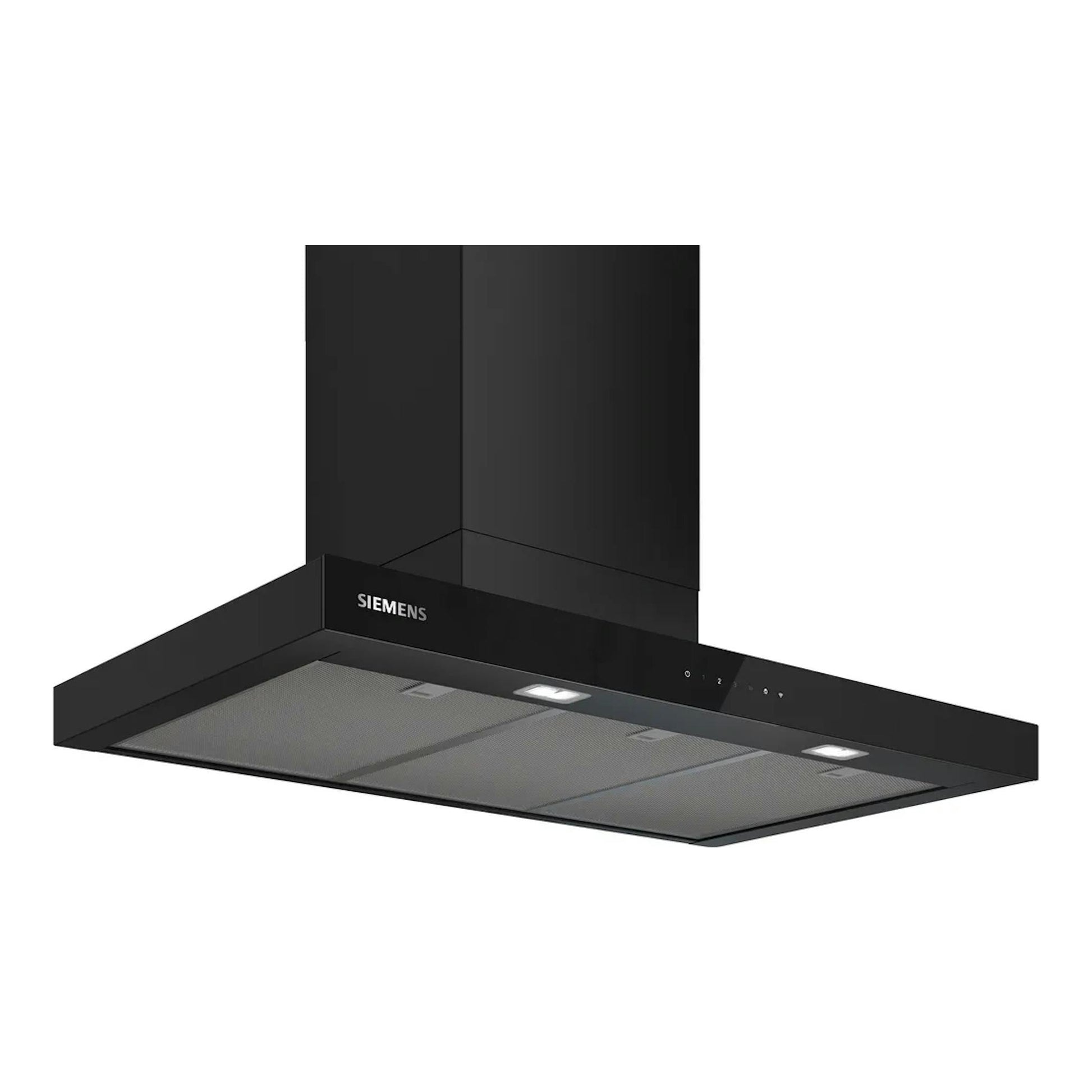 Campana decorativa Siemens LC97BDN60 negra mate, vista inferior en ángulo, con luces LED y filtros metálicos.