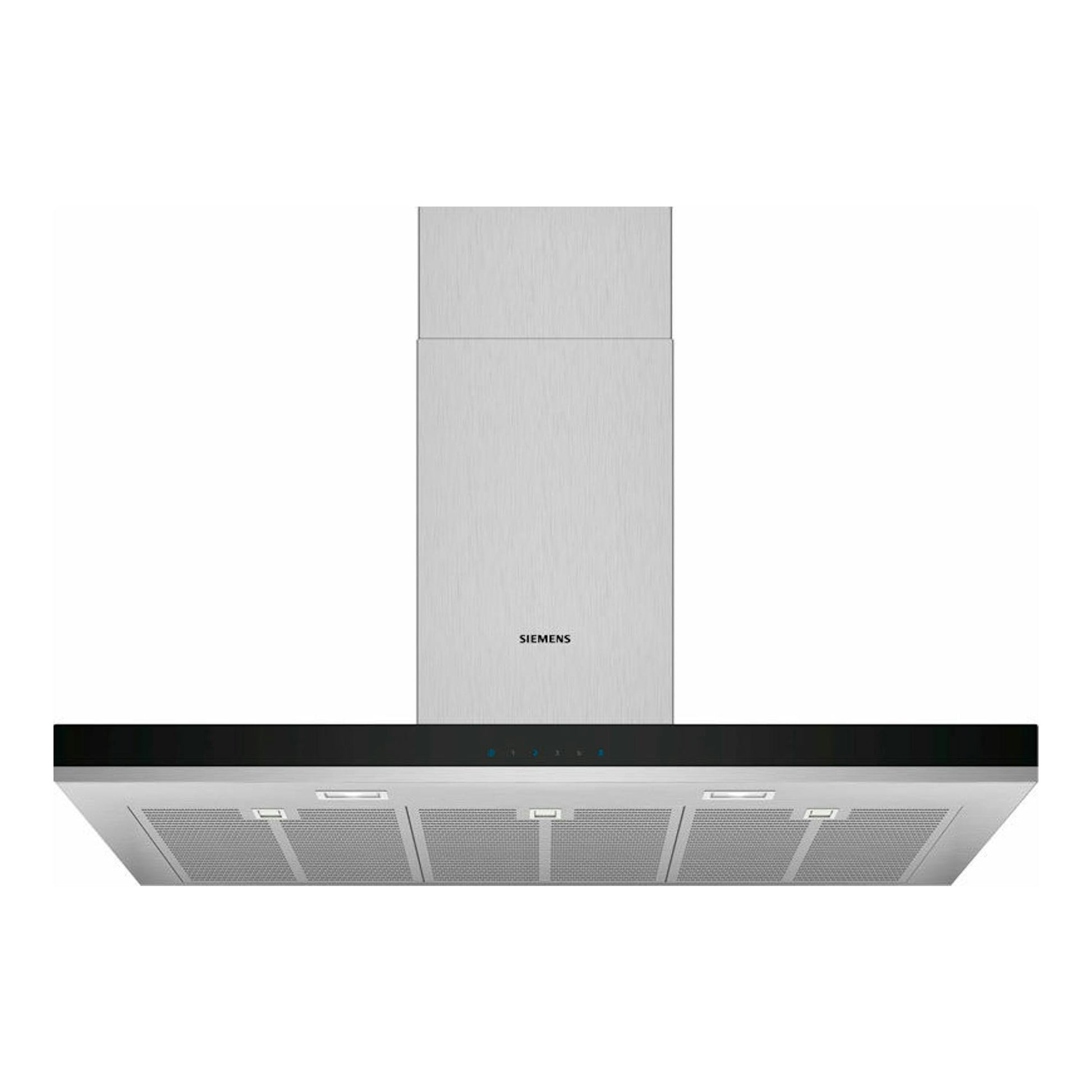 Campana decorativa Siemens LC97BHM50 en acero inoxidable y negro, vista frontal con chimenea y filtros inferiores.