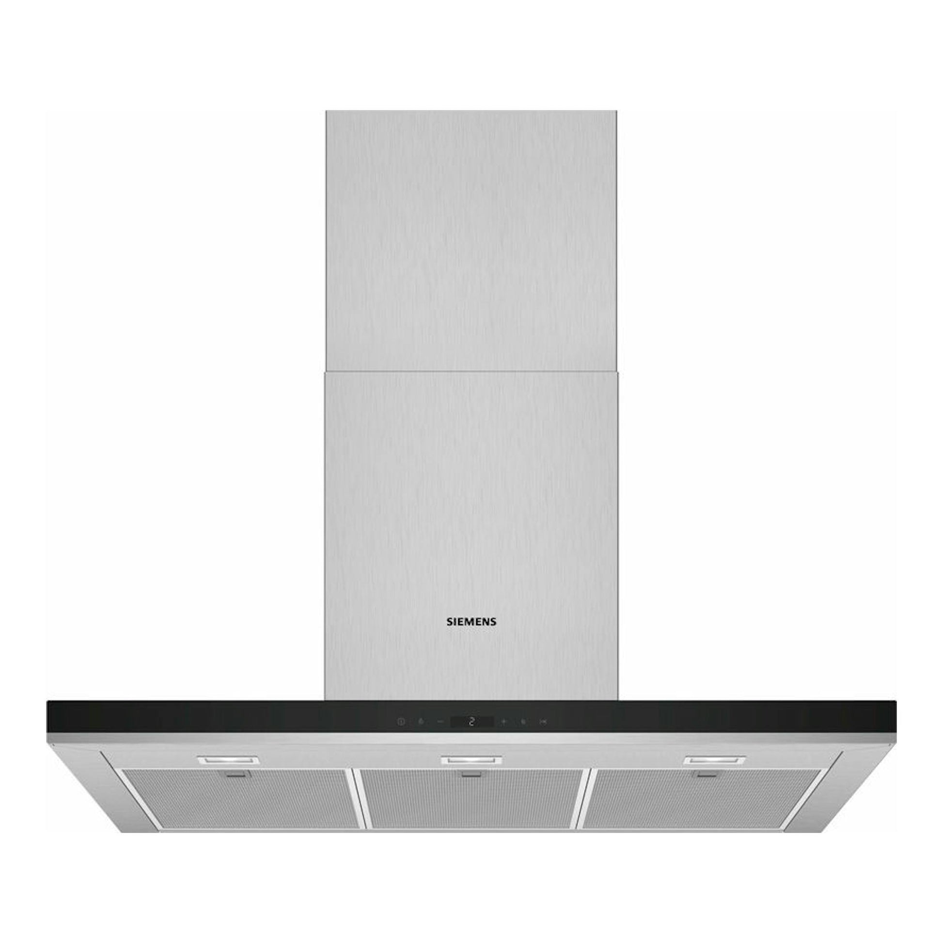 Campana decorativa Siemens LC97BHP50 en inox, vista frontal con chimenea metálica y panel negro.