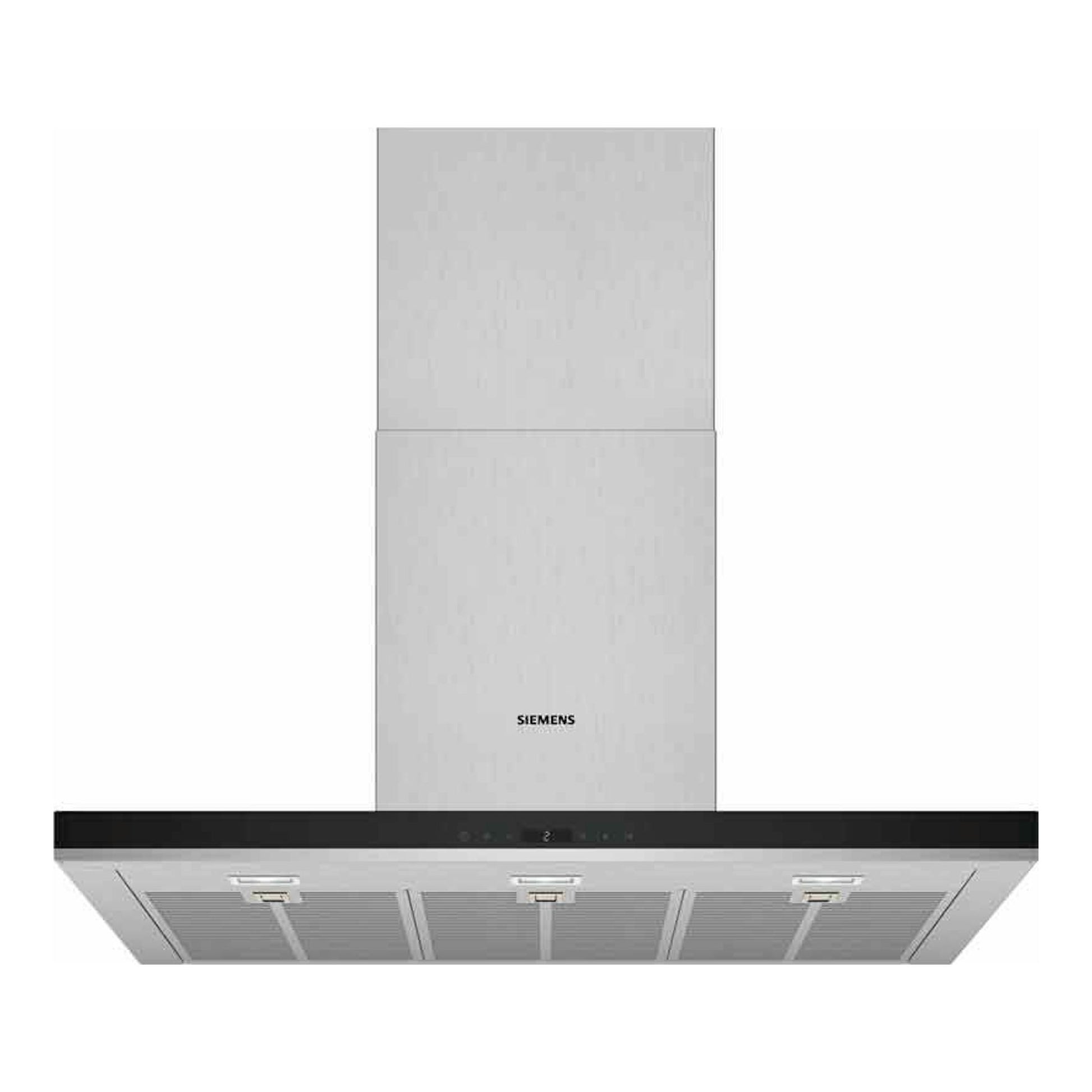 Campana decorativa Siemens LC98BIP50 de acero inoxidable y negro, vista frontal.