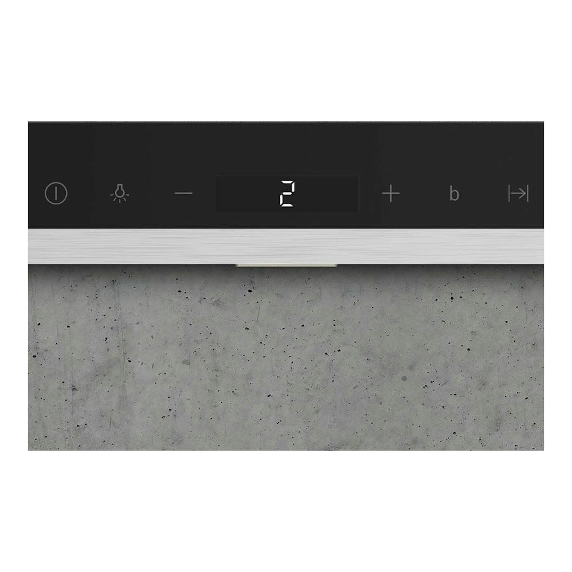 Campana decorativa Siemens LC98BIP50, vista frontal en negro y acero inoxidable con panel de control iluminado.
