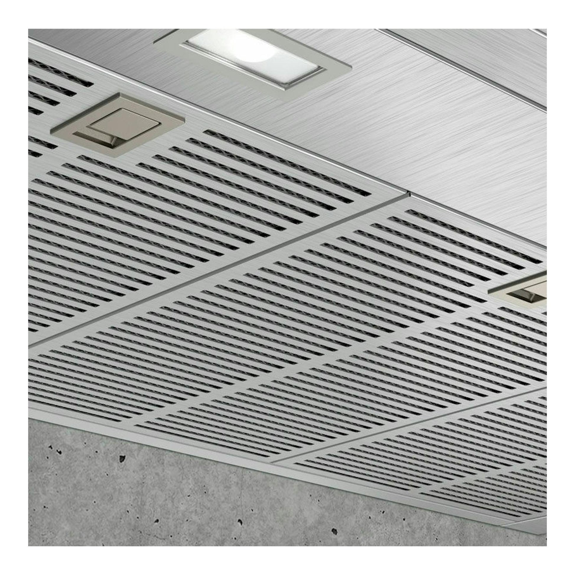 Campana extractora Siemens LC98BIP50, vista inferior en acero inoxidable con rejillas y luces.