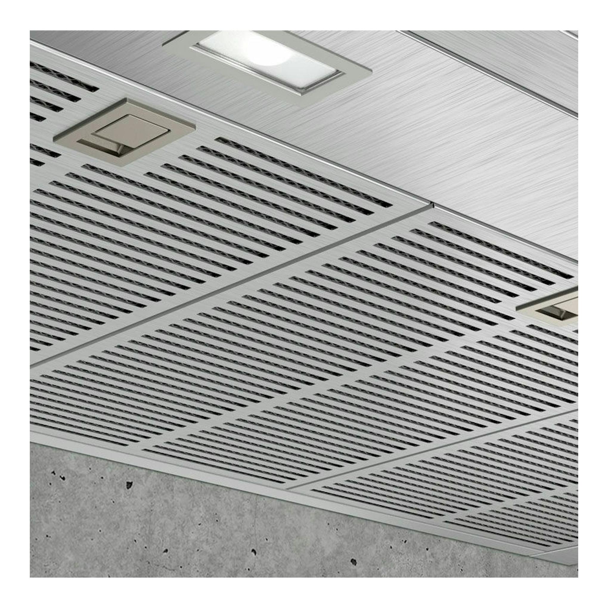 Campana extractora Siemens LC98BIP50, vista inferior en acero inoxidable con rejillas y luces.