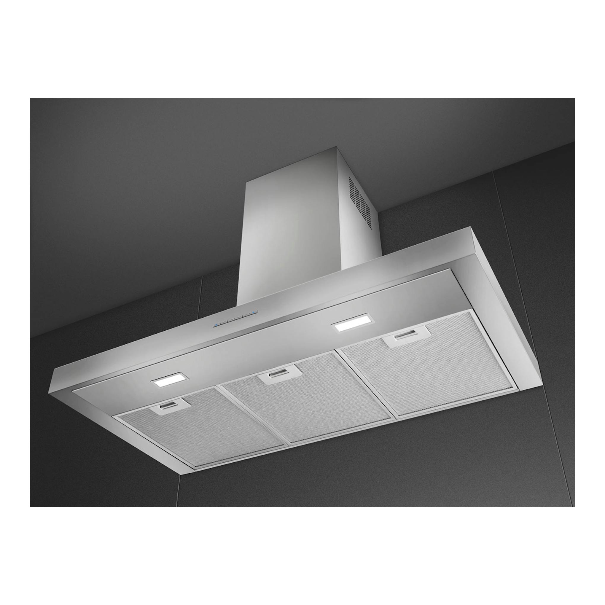 Campana extractora Smeg KBT900XE de acero inoxidable, vista inferior y frontal.