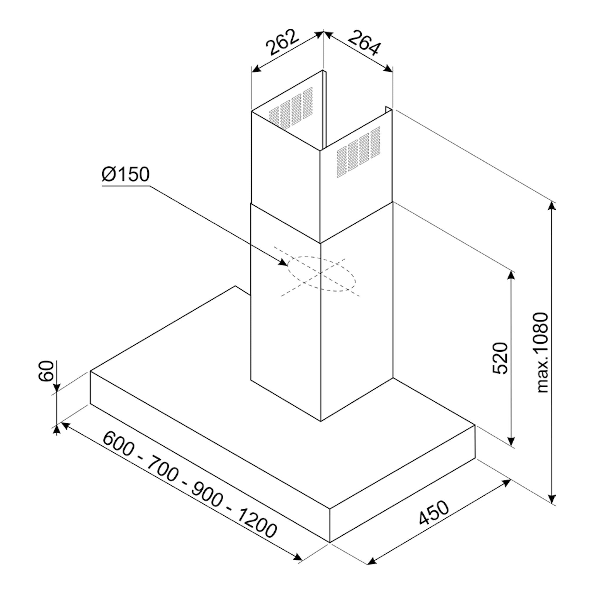 Diagrama técnico isométrico de la campana Smeg KBT900XE en inox, con medidas y chimenea central.