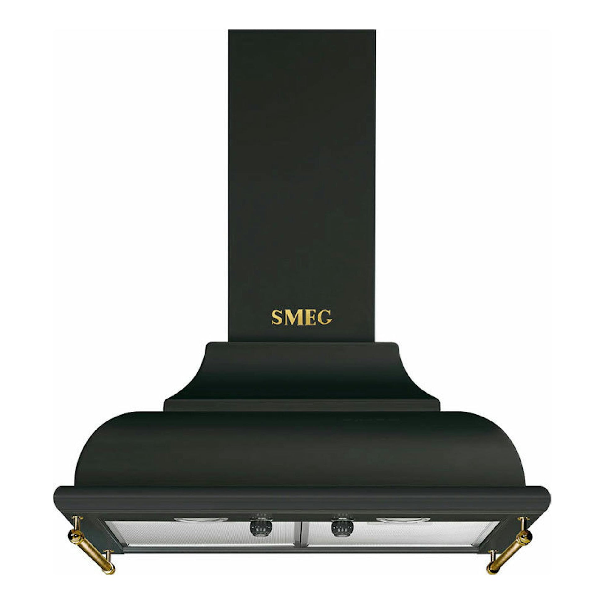 Campana decorativa Smeg KC16AOE antracita, vista frontal, con chimenea alta y detalles dorados.