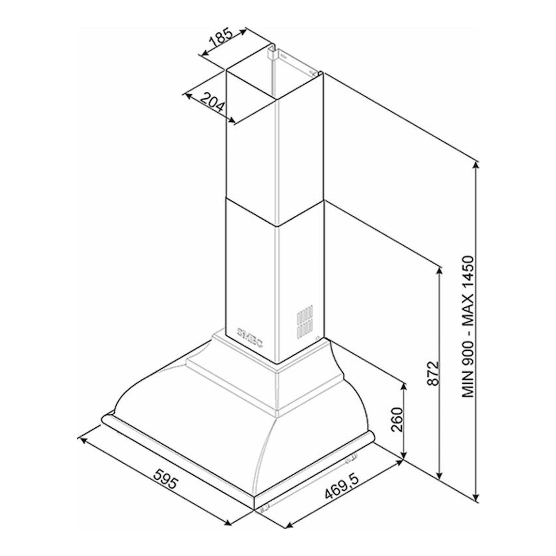 Esquema técnico de campana decorativa Smeg KC16AOE antracita, vista isométrica con medidas.