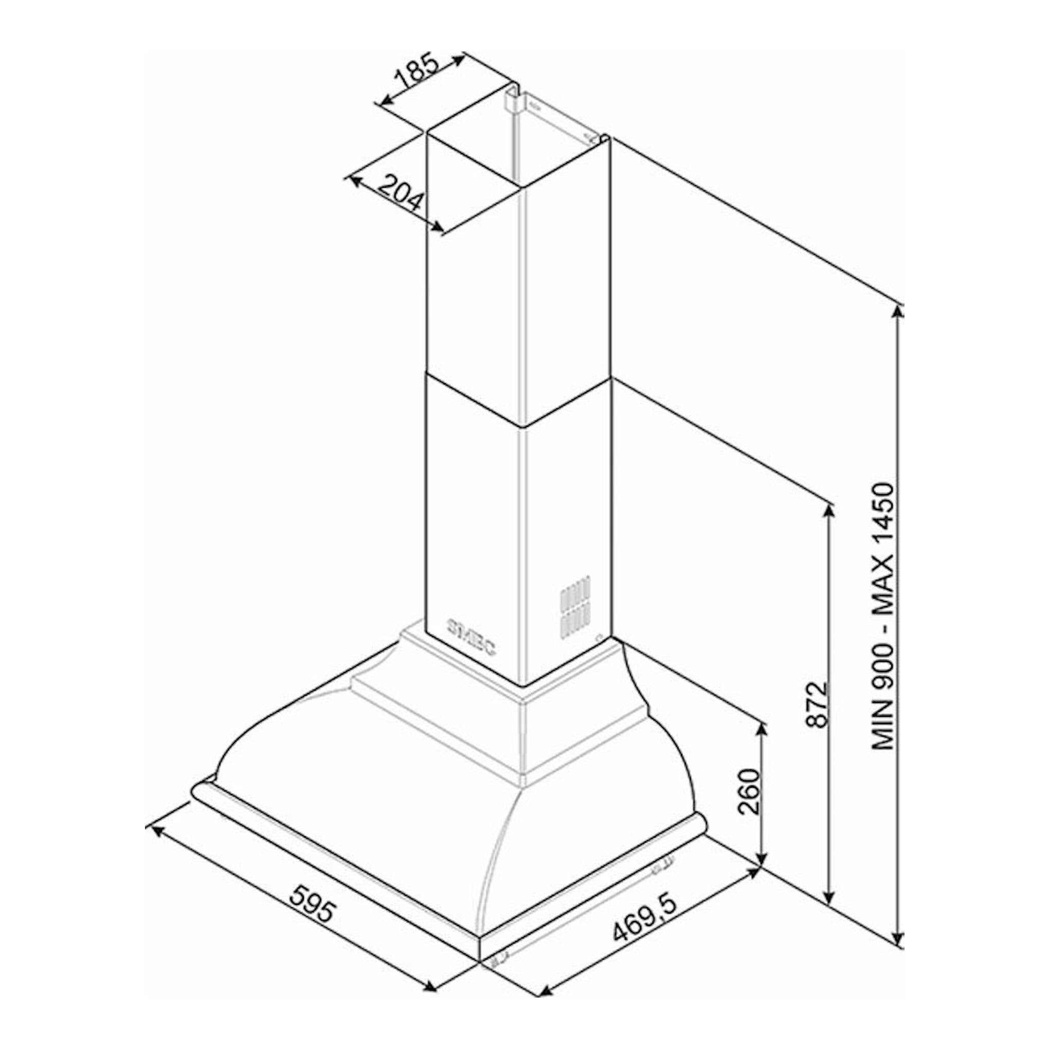 Esquema técnico de campana decorativa Smeg KC16AOE antracita, vista isométrica con medidas.