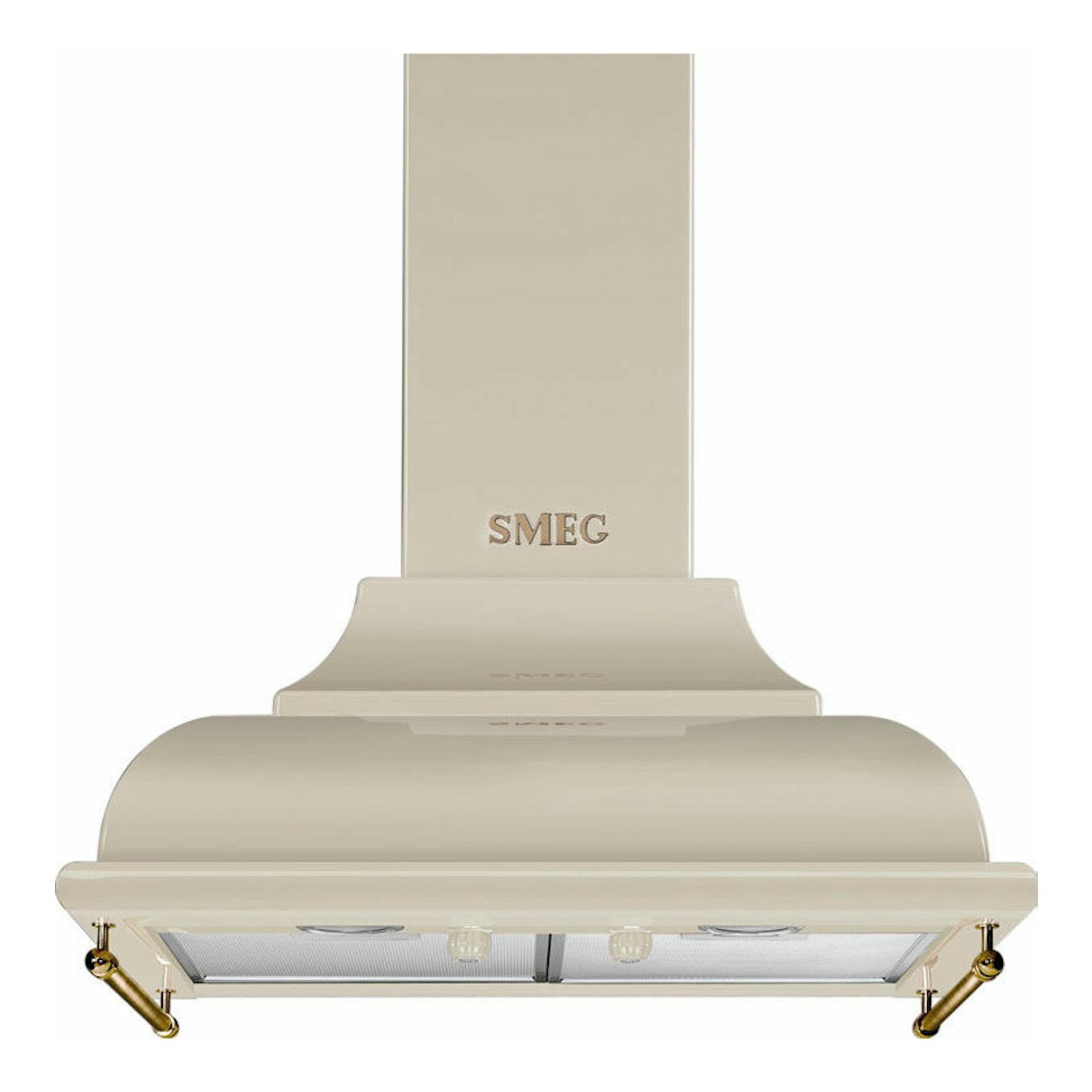 Campana decorativa Smeg KC16POE crema, vista frontal, con acabado beige y detalles metálicos.
