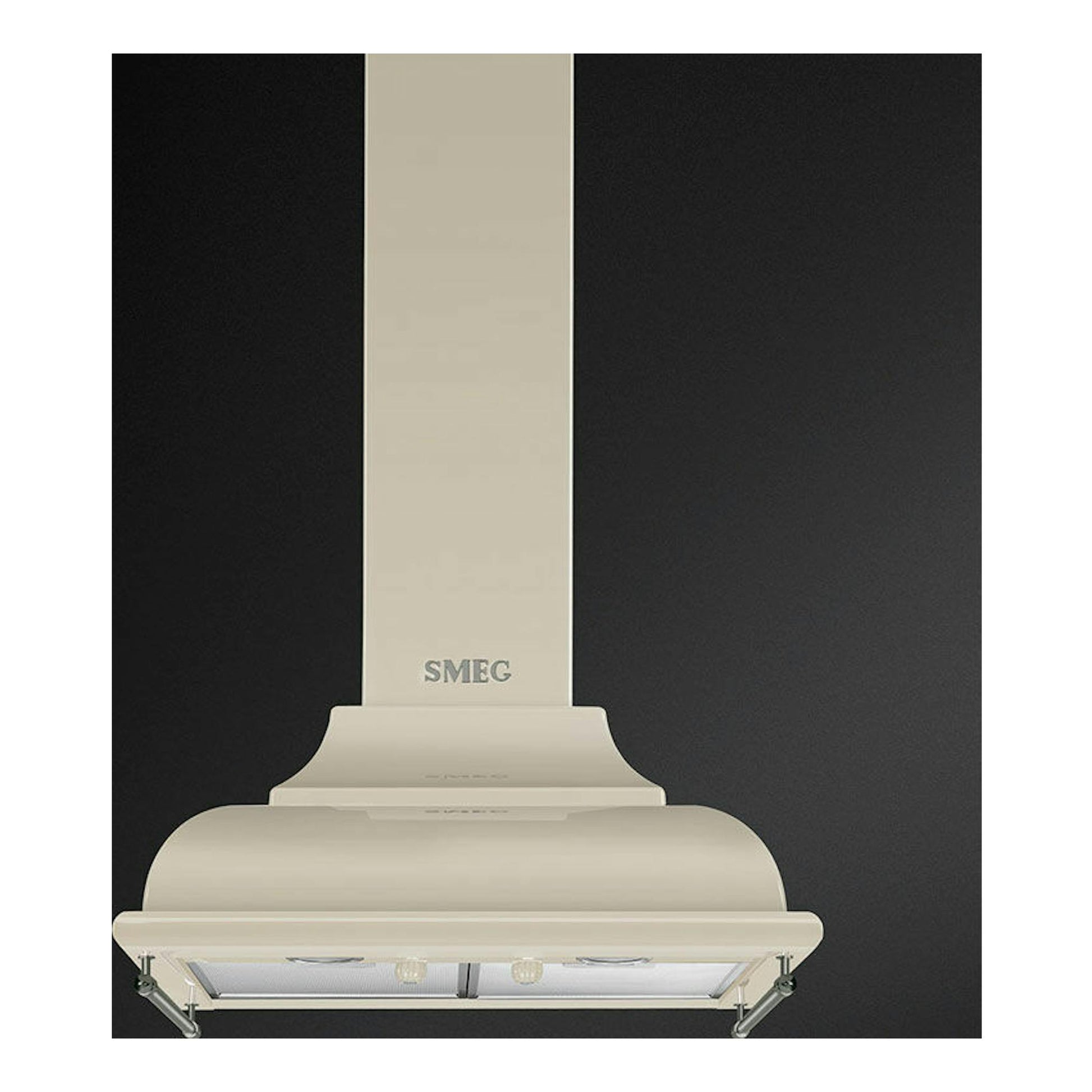Campana decorativa Smeg KC16POE crema, vista frontal, con tubo vertical y filtro inferior.