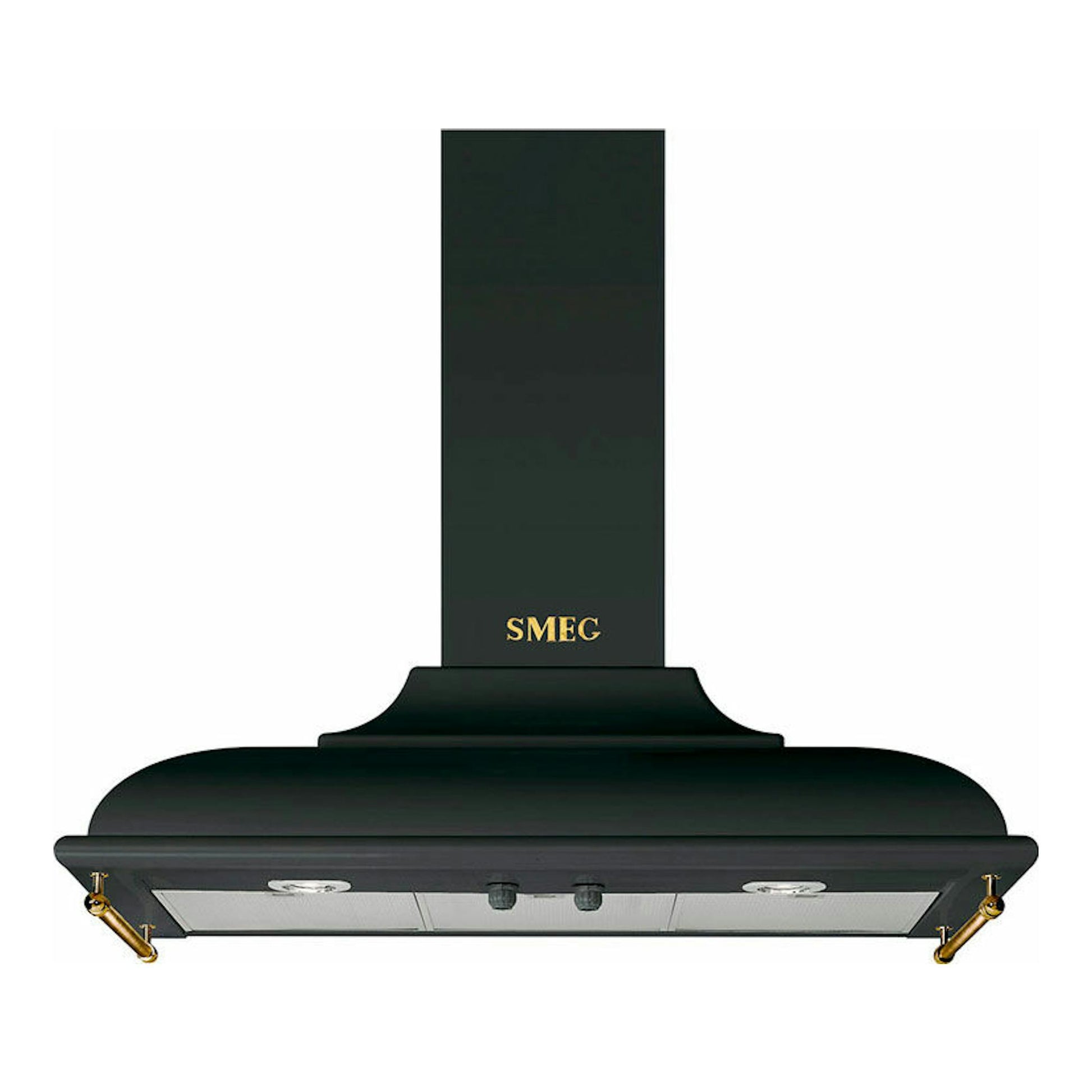 Campana decorativa Smeg KC19AOE antracita, vista frontal, con chimenea vertical y acabado negro.