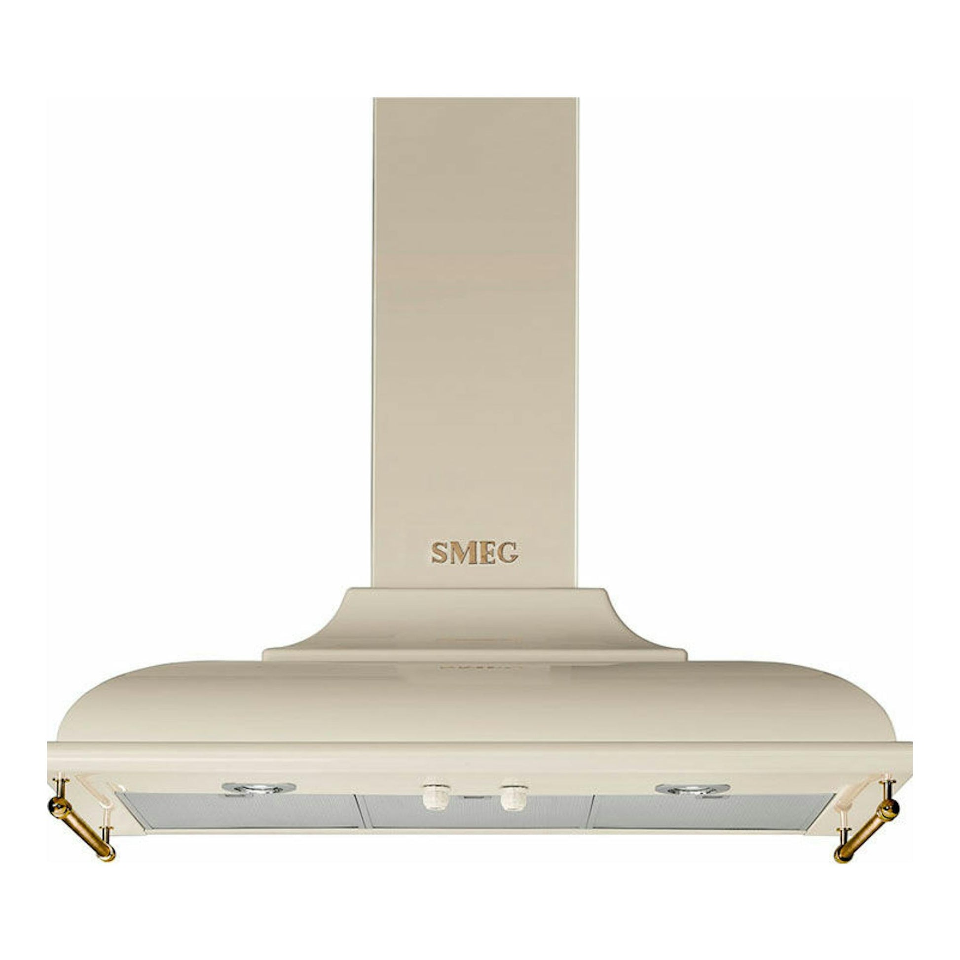 Campana decorativa Smeg KC19POE crema, vista frontal, con chimenea vertical.