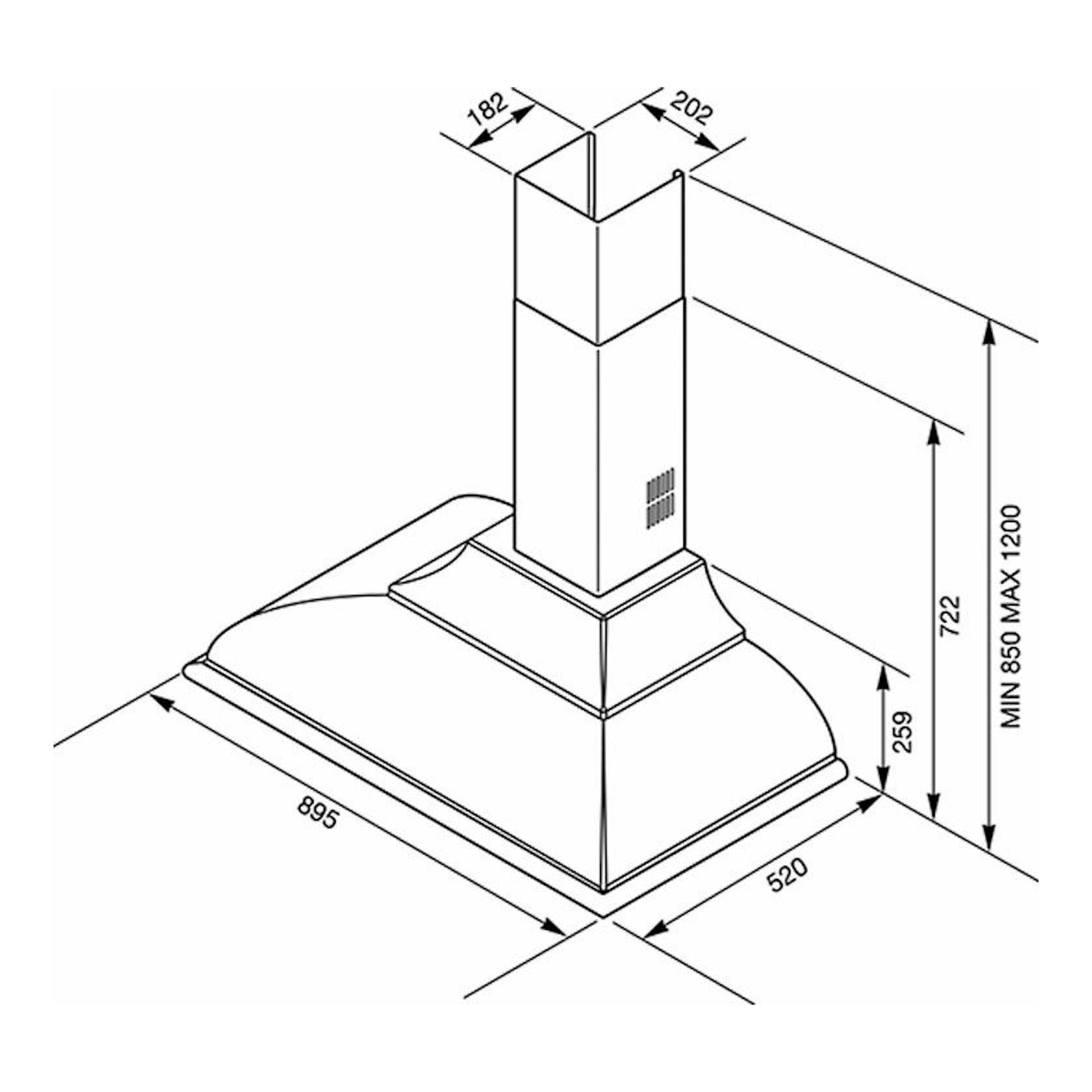 Dibujo técnico de campana decorativa Smeg KC19POE crema, vista en perspectiva con medidas.