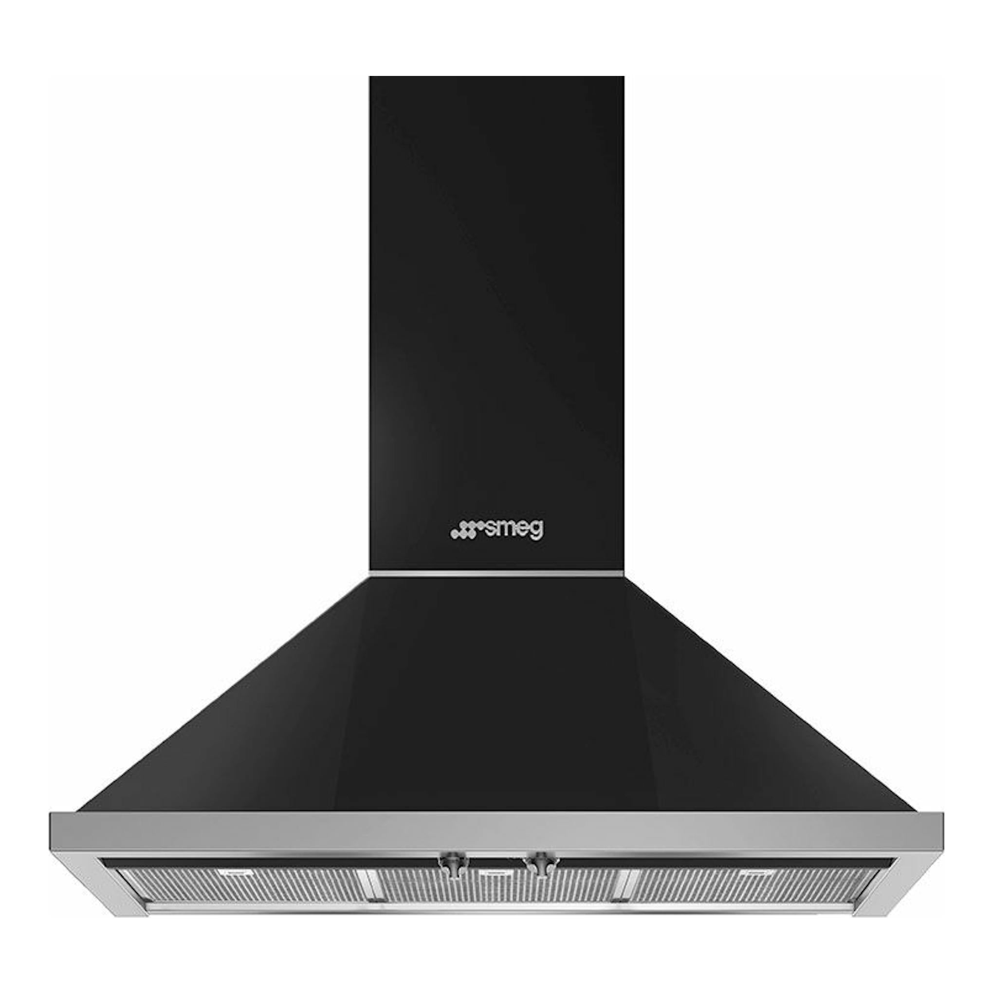Campana decorativa Smeg KPF9AN antracita, vista frontal, con chimenea negra y borde metálico.