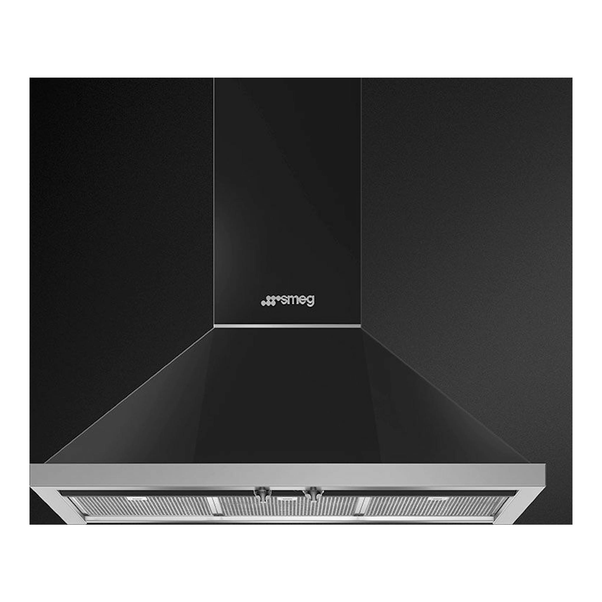 Campana decorativa Smeg KPF9AN antracita, vista frontal, negra con borde inox.