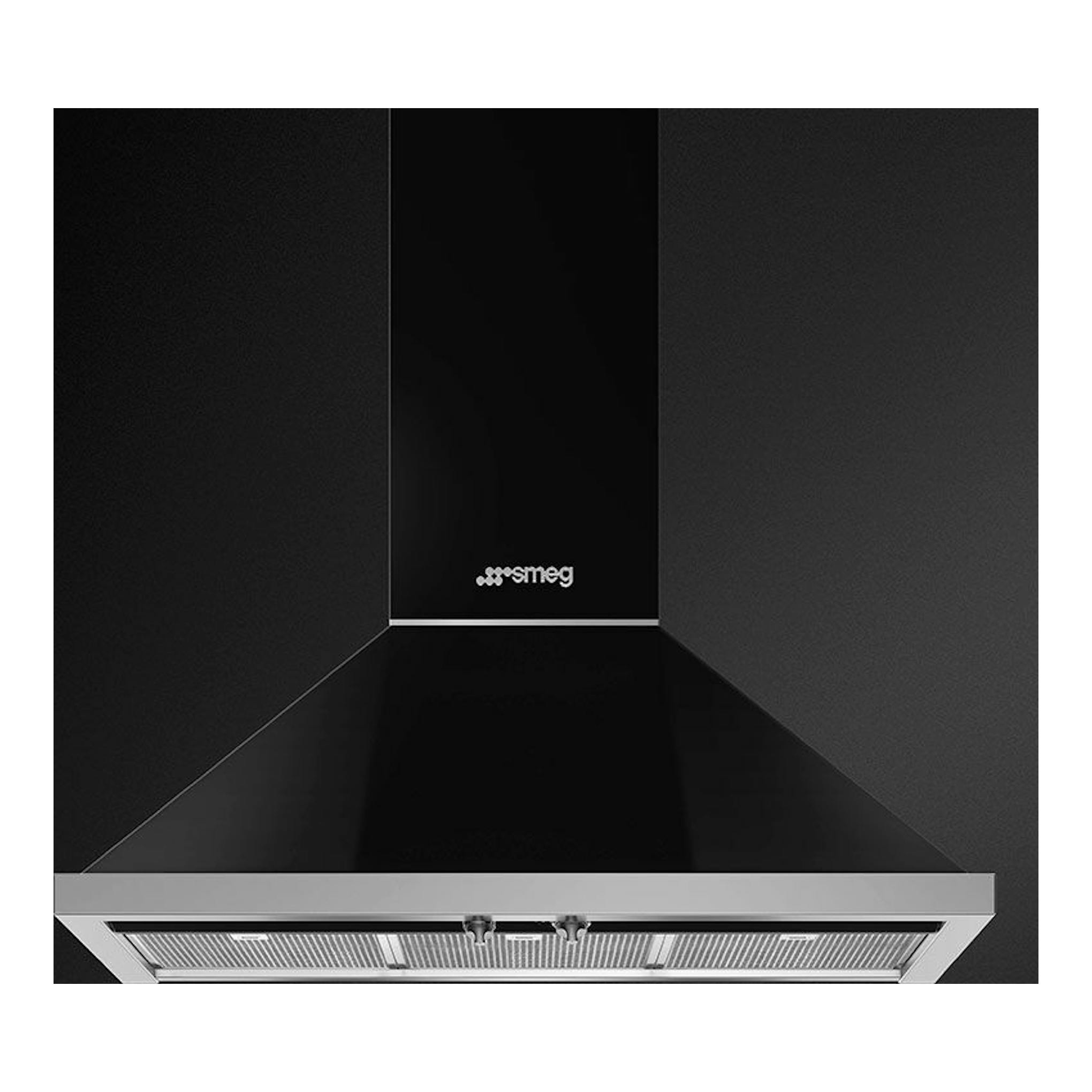 Campana decorativa Smeg KPF9BL negra, vista frontal, con panel vertical y filtro metálico inferior.