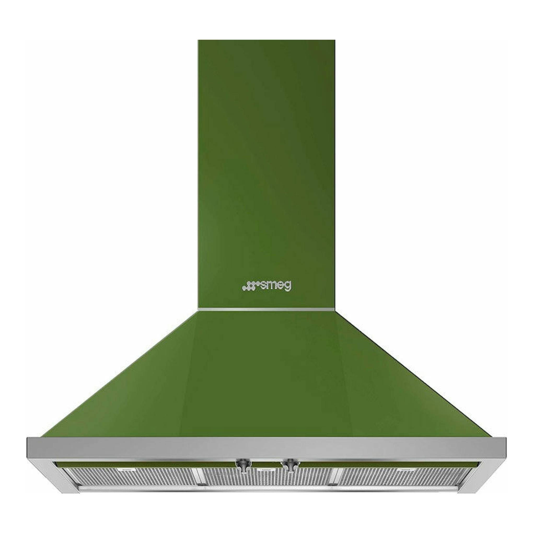 Campana decorativa Smeg KPF9OG verde, vista frontal, con chimenea vertical y filtro inferior.