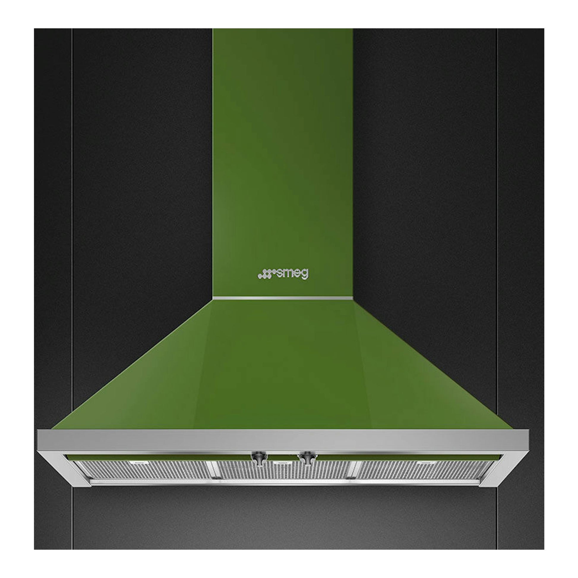 Campana extractora decorativa Smeg KPF9OG verde, vista frontal sobre fondo oscuro.