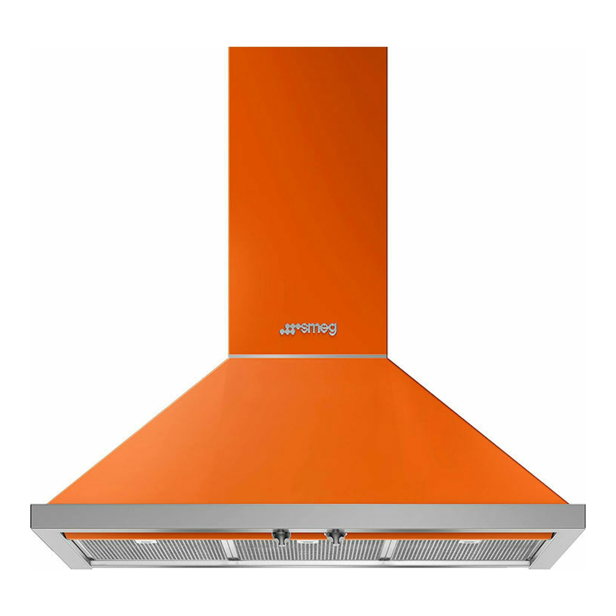Campana decorativa Smeg KPF9OR naranja, vista frontal, con chimenea vertical y filtro metálico.