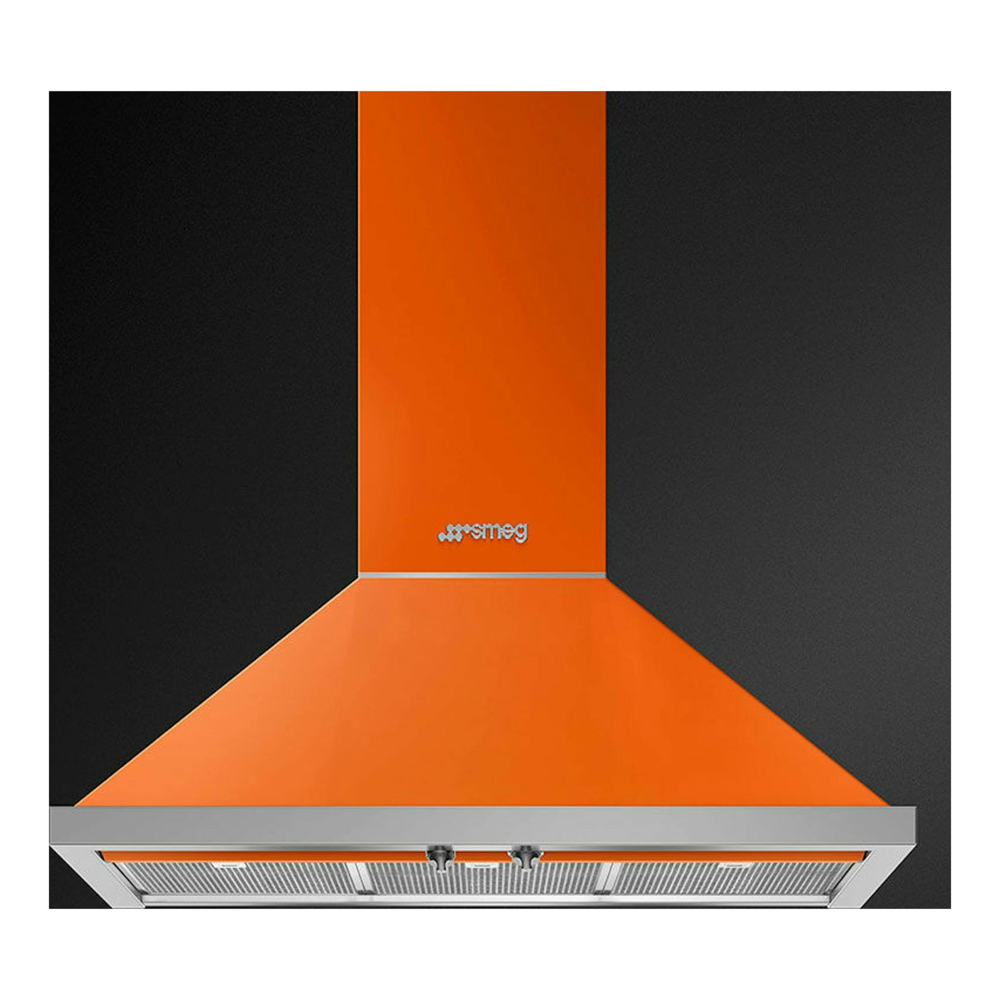 Campana decorativa Smeg KPF9OR naranja, vista frontal, con cuerpo cónico y filtro inferior de acero.