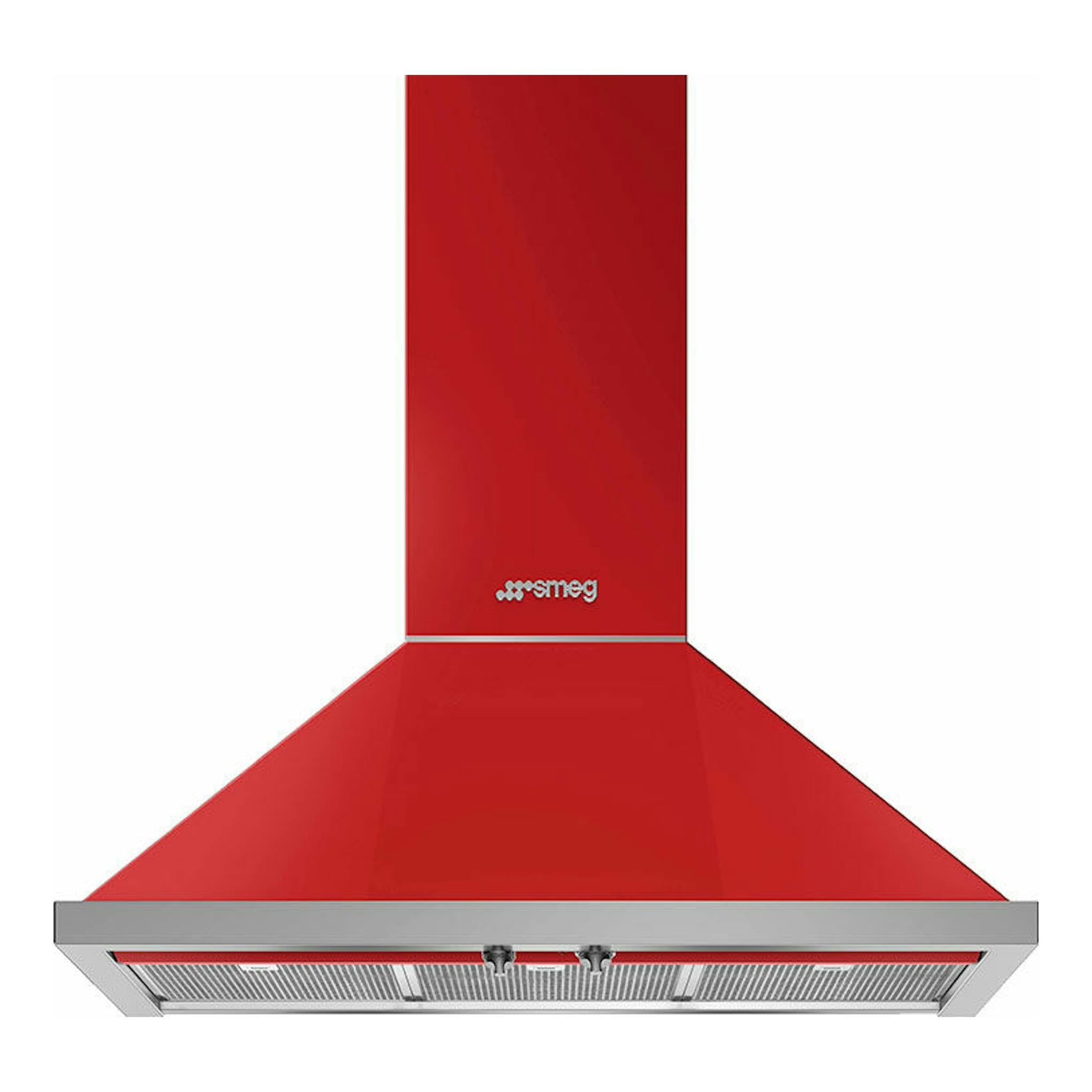Campana decorativa Smeg KPF9RD roja, vista frontal, con chimenea vertical y base metálica gris.