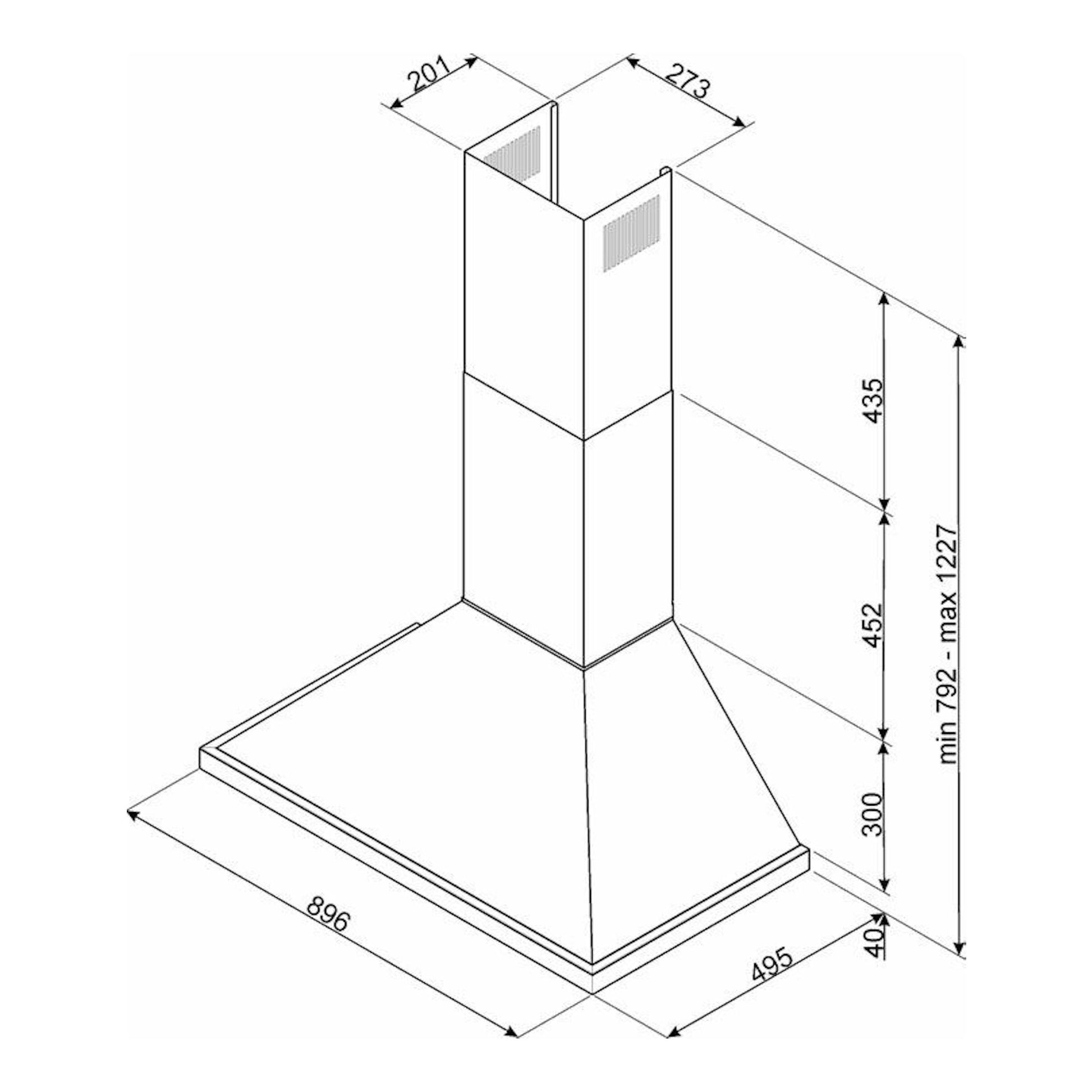 Smeg KPF9RD, campana decorativa, dibujo técnico en perspectiva con medidas.