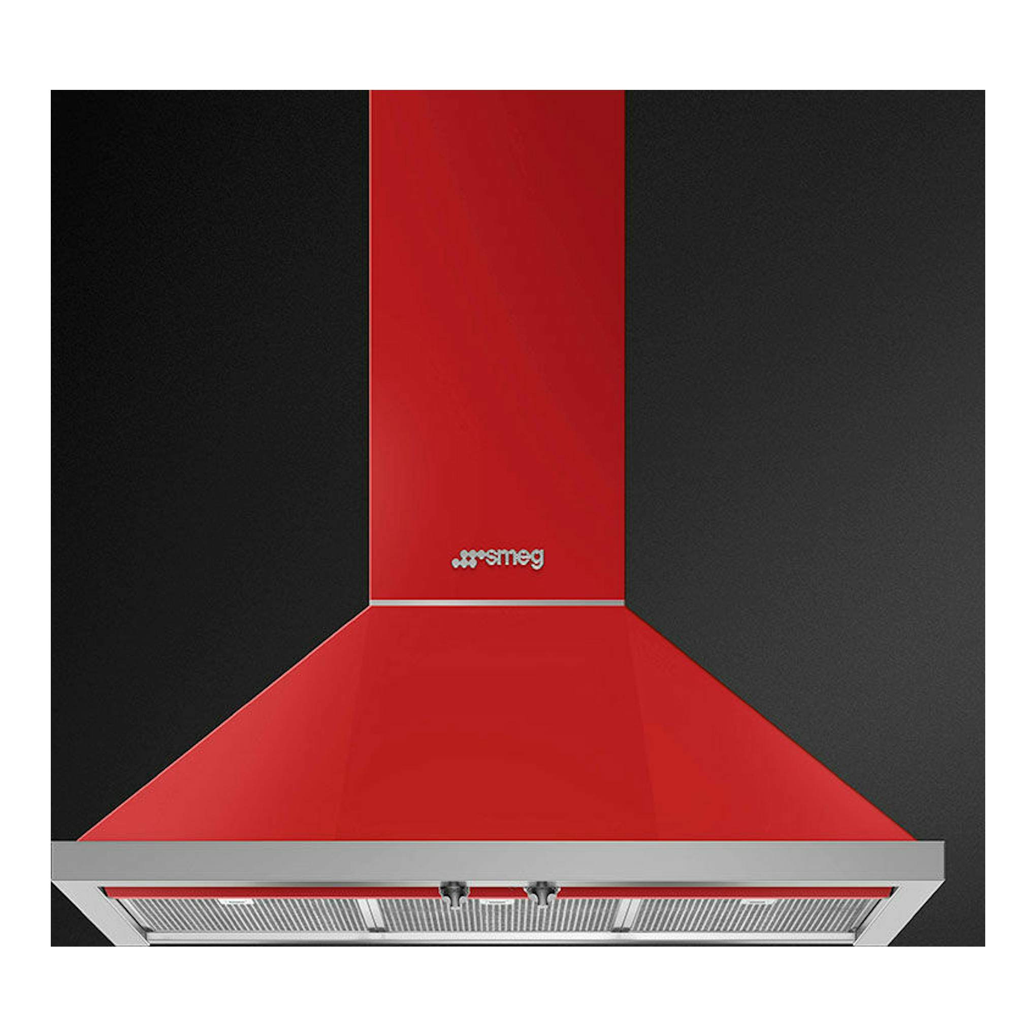 Campana decorativa Smeg KPF9RD roja, vista frontal, con chimenea vertical y borde metálico.