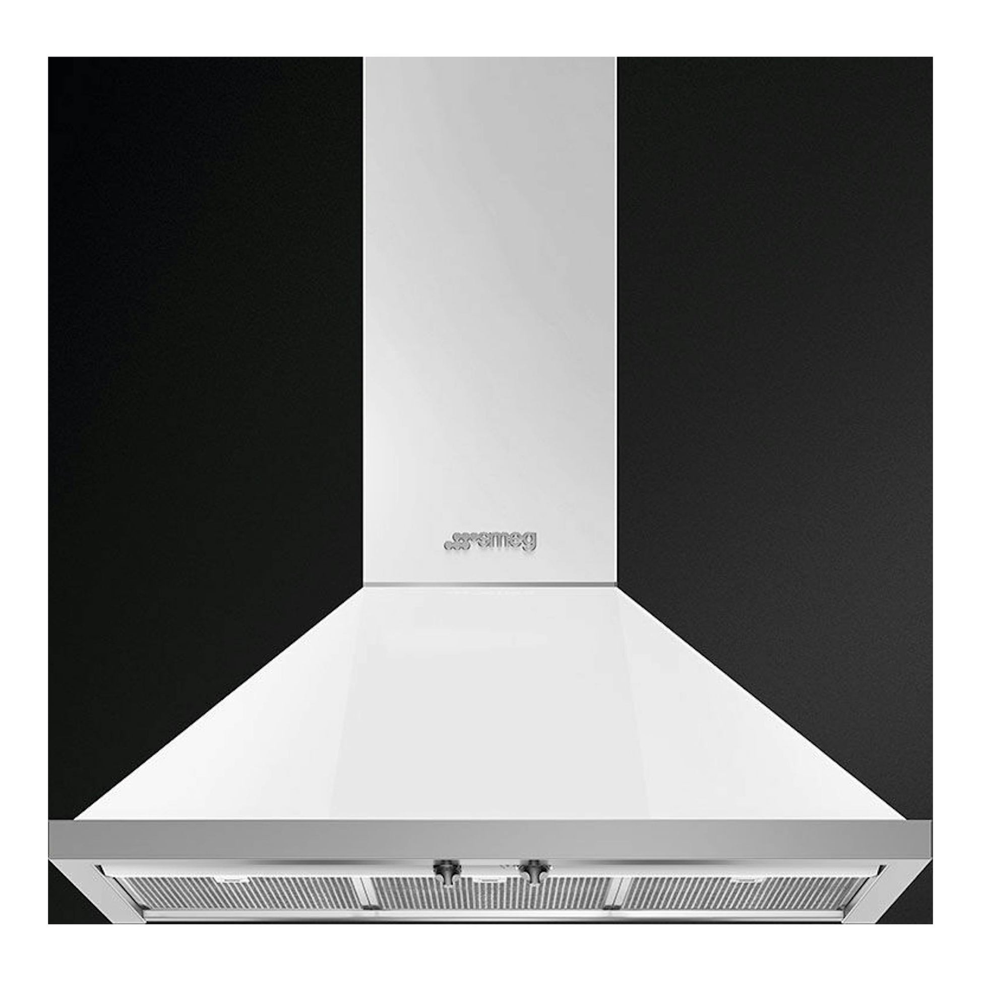 Campana decorativa Smeg KPF9WH blanca, vista frontal, con chimenea y filtro metálico.