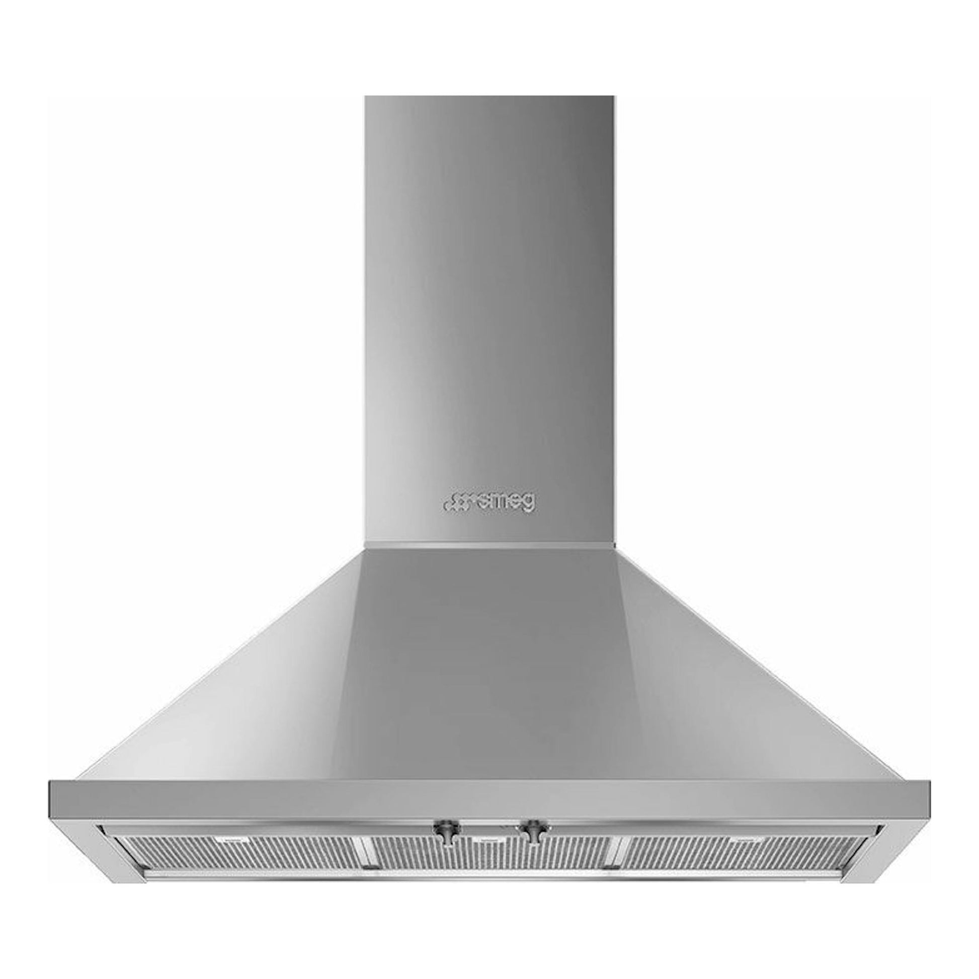 Campana decorativa Smeg KPF9X en acero inoxidable, vista frontal, con chimenea vertical y filtro inferior.