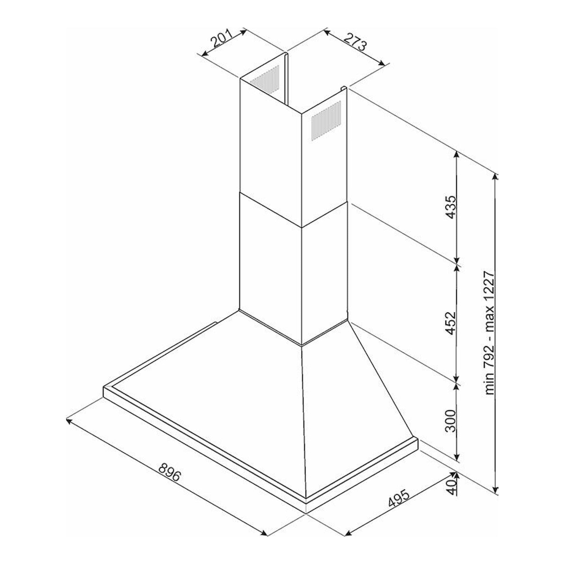 Dibujo técnico isométrico de la campana decorativa Smeg KPF9X inox, con medidas y cotas.
