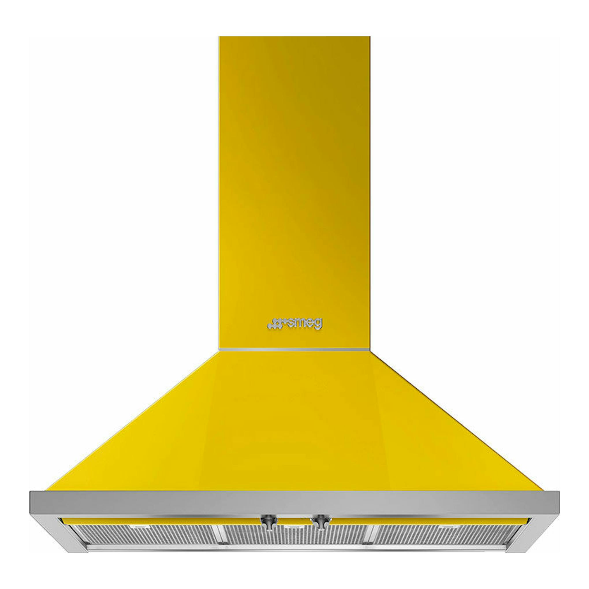 Campana extractora decorativa Smeg KPF9YW amarilla, vista frontal, con acabado metálico y filtro inferior.