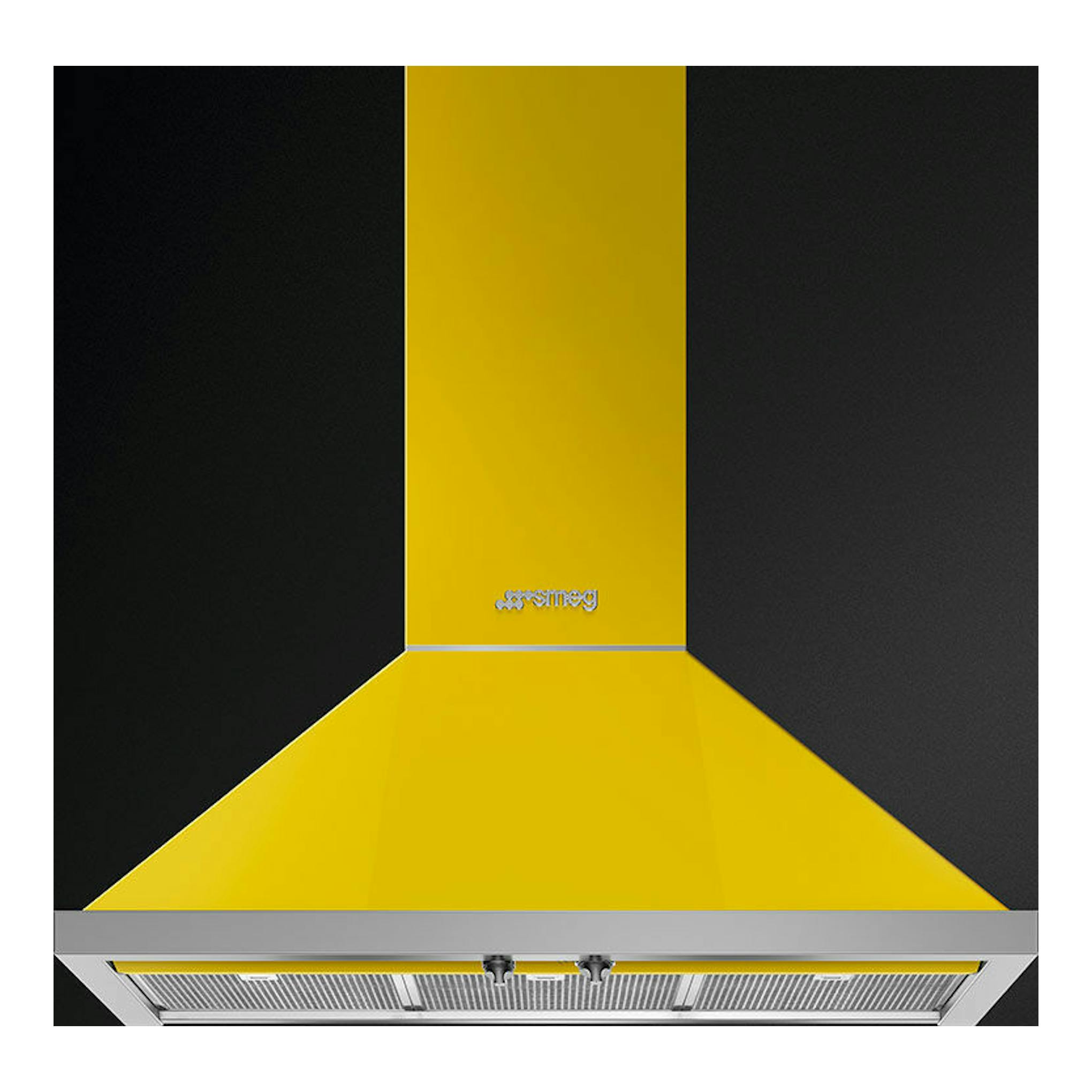 Vista frontal de campana decorativa Smeg KPF9YW amarilla, con filtro metálico y logo Smeg.