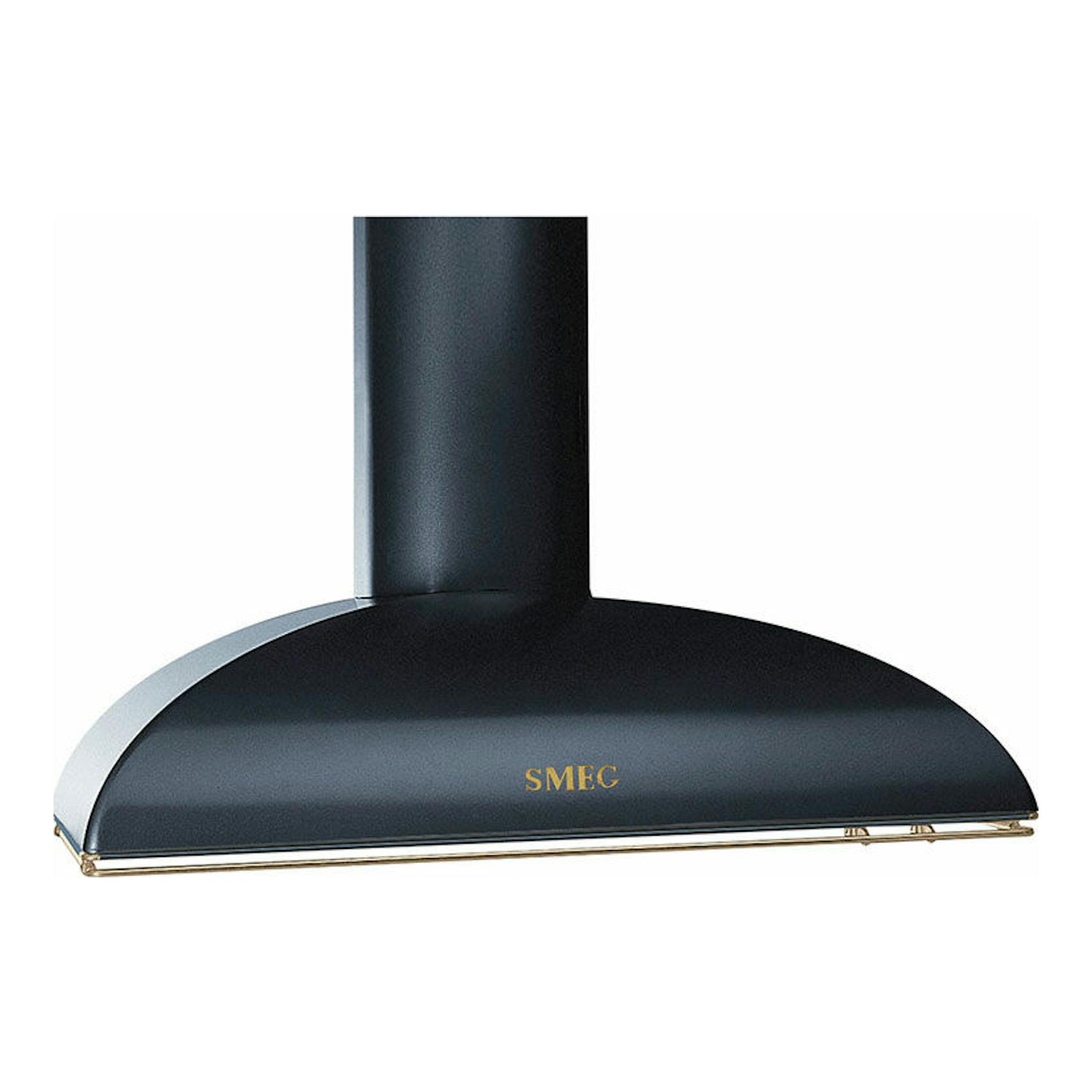 Campana decorativa Smeg KS89AOE antracita, vista frontal, con chimenea vertical y borde dorado.