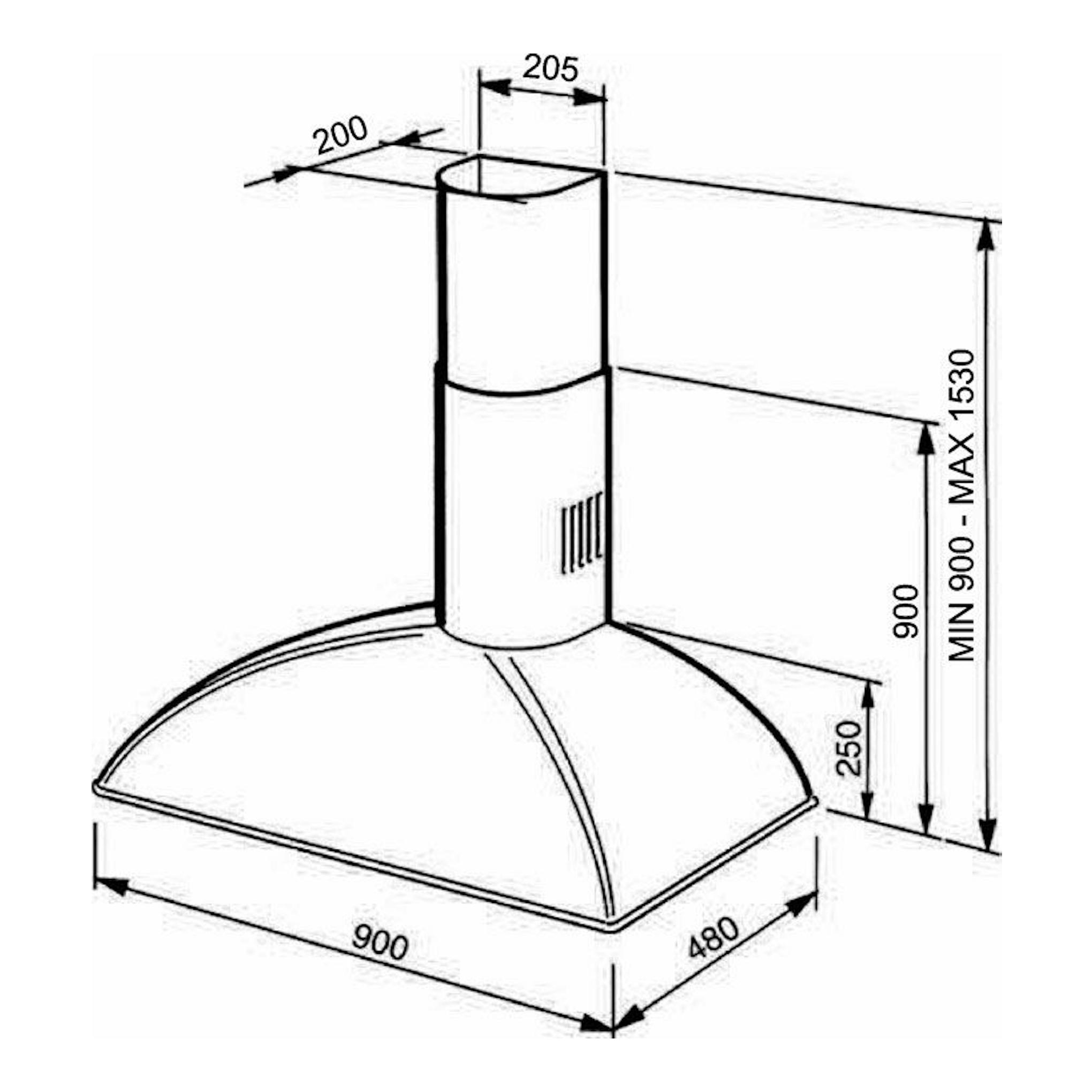Dibujo técnico de campana decorativa Smeg KS89POE crema, vista isométrica, con medidas 900 x 480 mm.