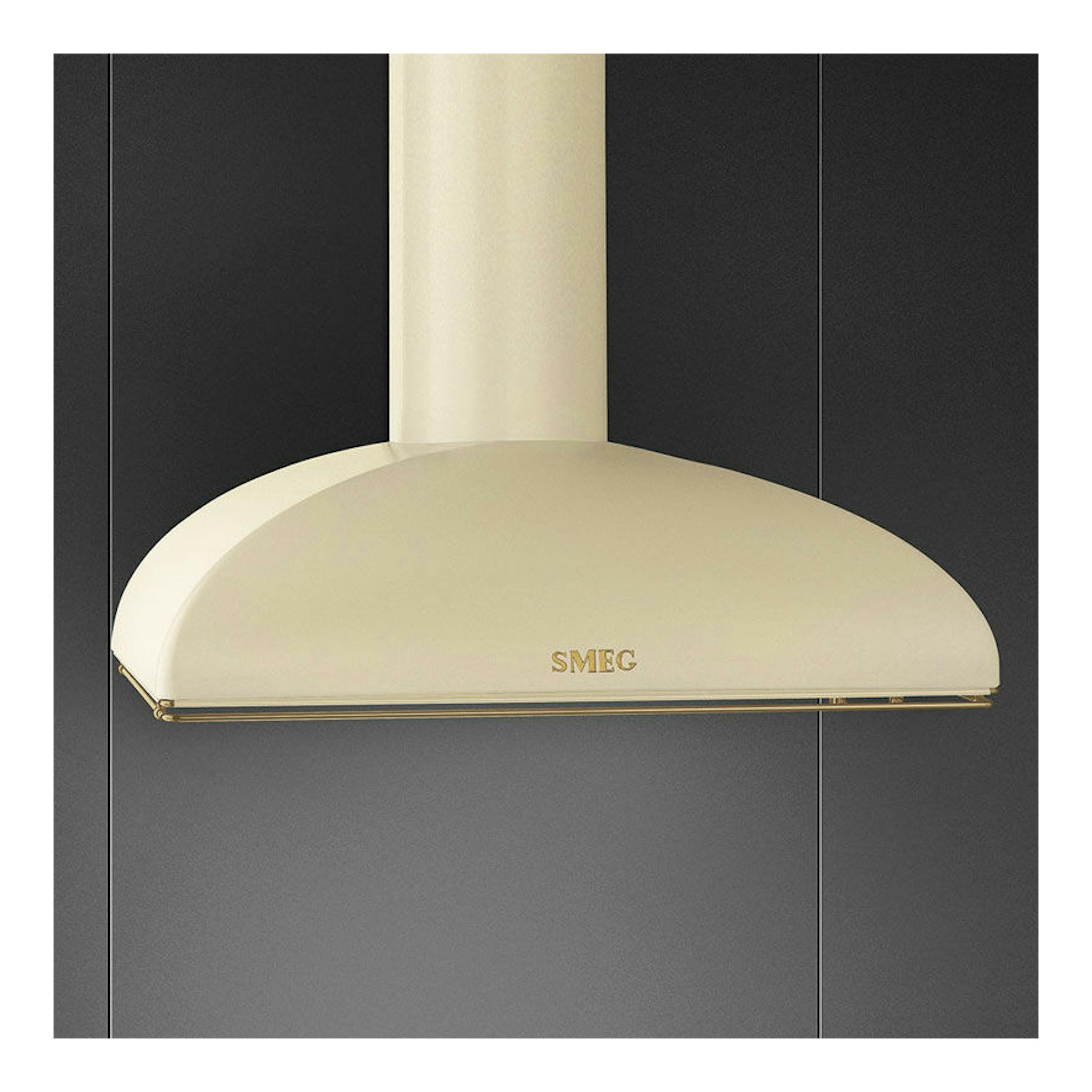 Campana decorativa Smeg KS89POE color crema, vista frontal.